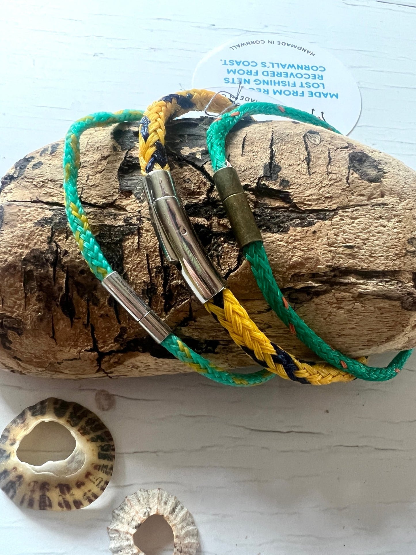upcycled fishing net rope bracelets eco jewelry Cornwall coast marine conservation magnetic clasp green yellow nautical