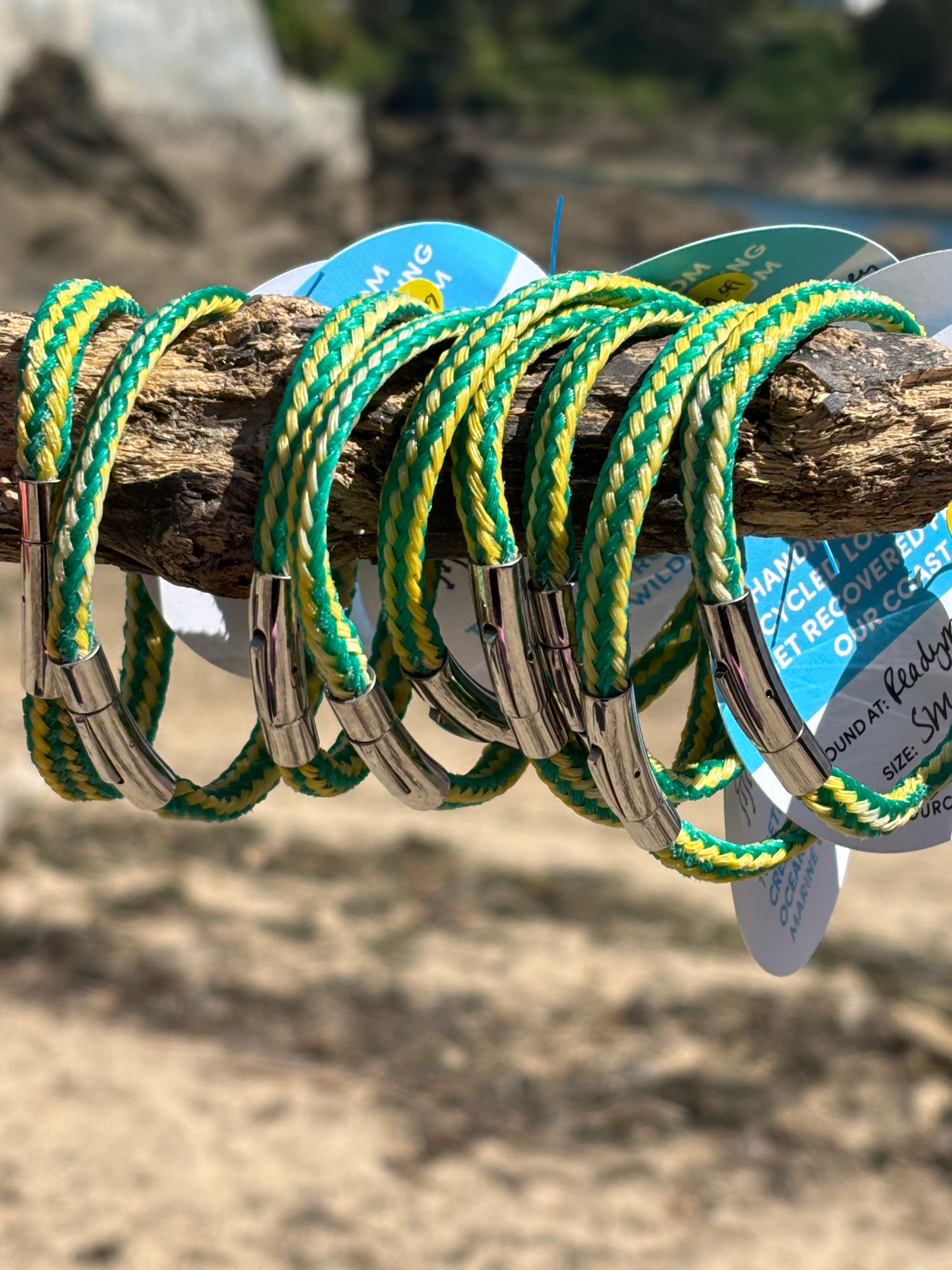 green yellow recycled ghost fishing net bracelets eco-friendly sustainable ocean rope jewelry magnetic clasp beach style