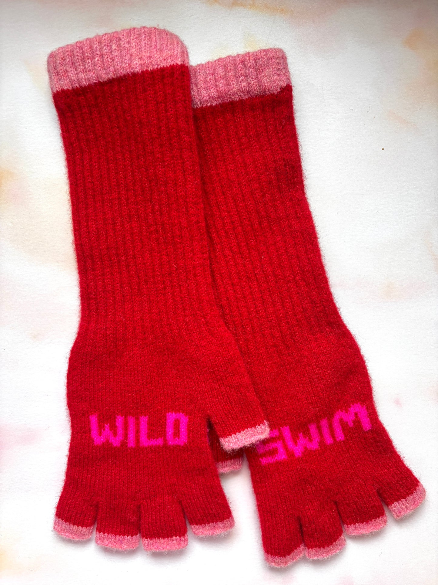 Wild Swim Fingerless Gloves - Bright Red & Neon Pink
