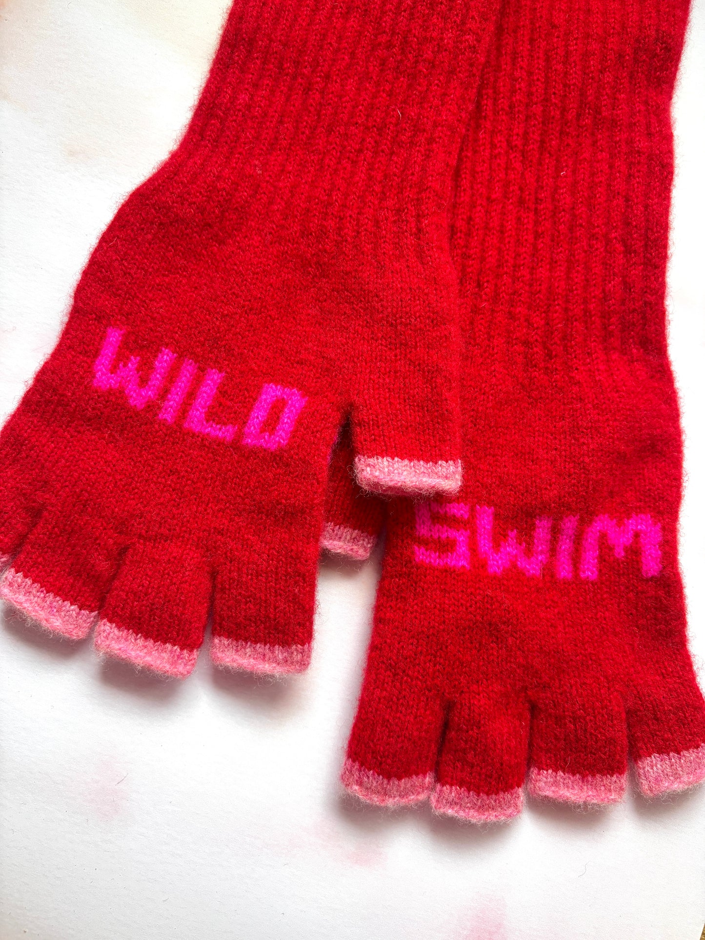Wild Swim Fingerless Gloves - Bright Red & Neon Pink