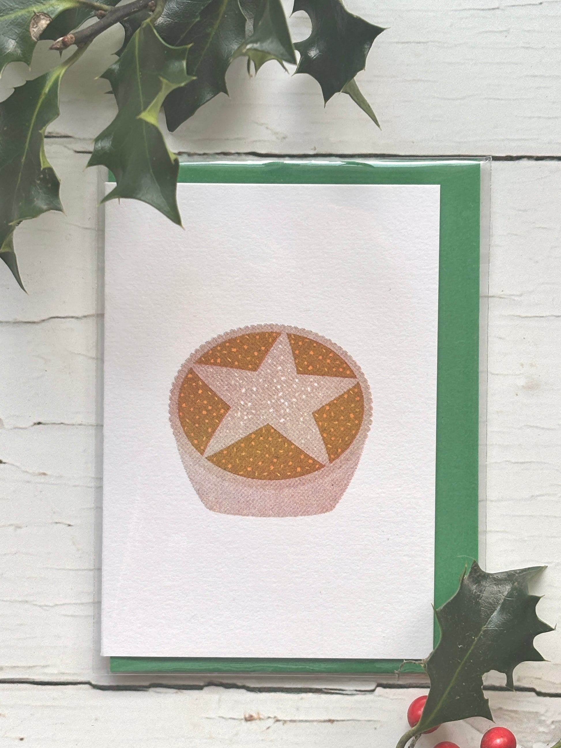 retro style mince pie Christmas card with golden star design and green envelope, vintage festive holiday greeting