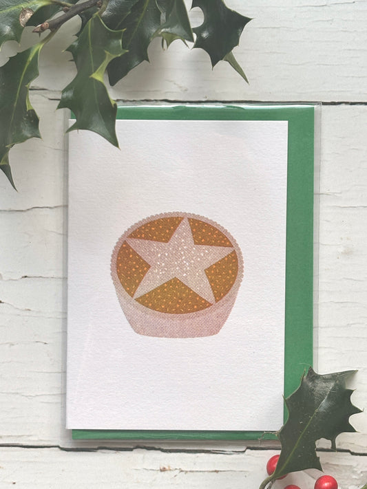 retro style mince pie Christmas card with golden star design and green envelope, vintage festive holiday greeting