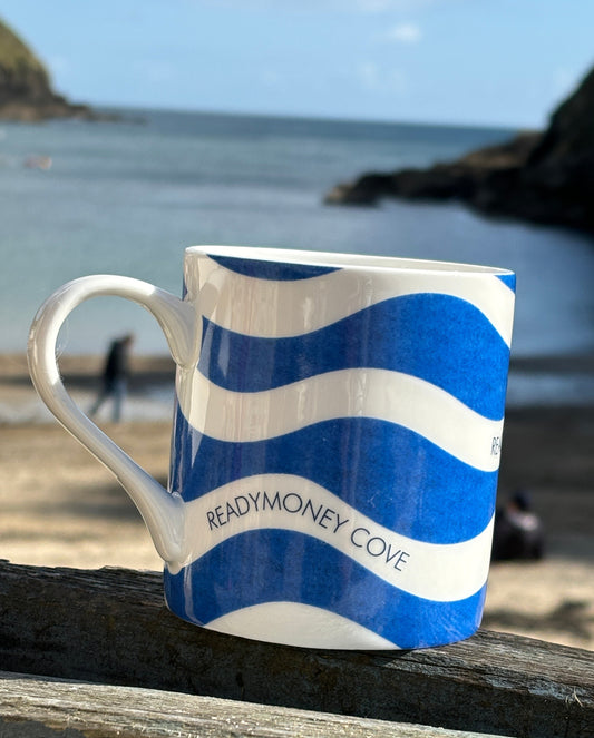 Readymoney Cove Rick Stein bone china mug blue white wave pattern coastal Cornwall beach coffee tea cup kitchen tableware