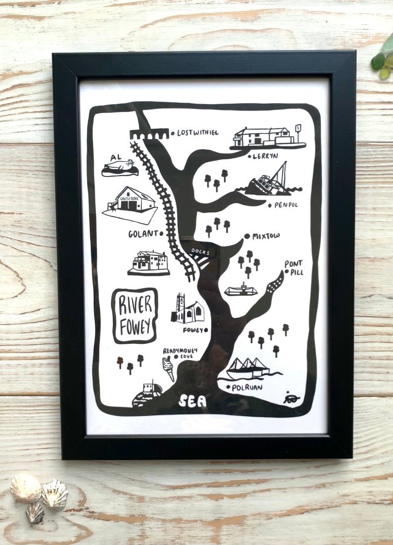 framed river Fowey map print a4 Cornwall illustration Golant Penpol Mixtow Polruan black frame coastal wall art decor