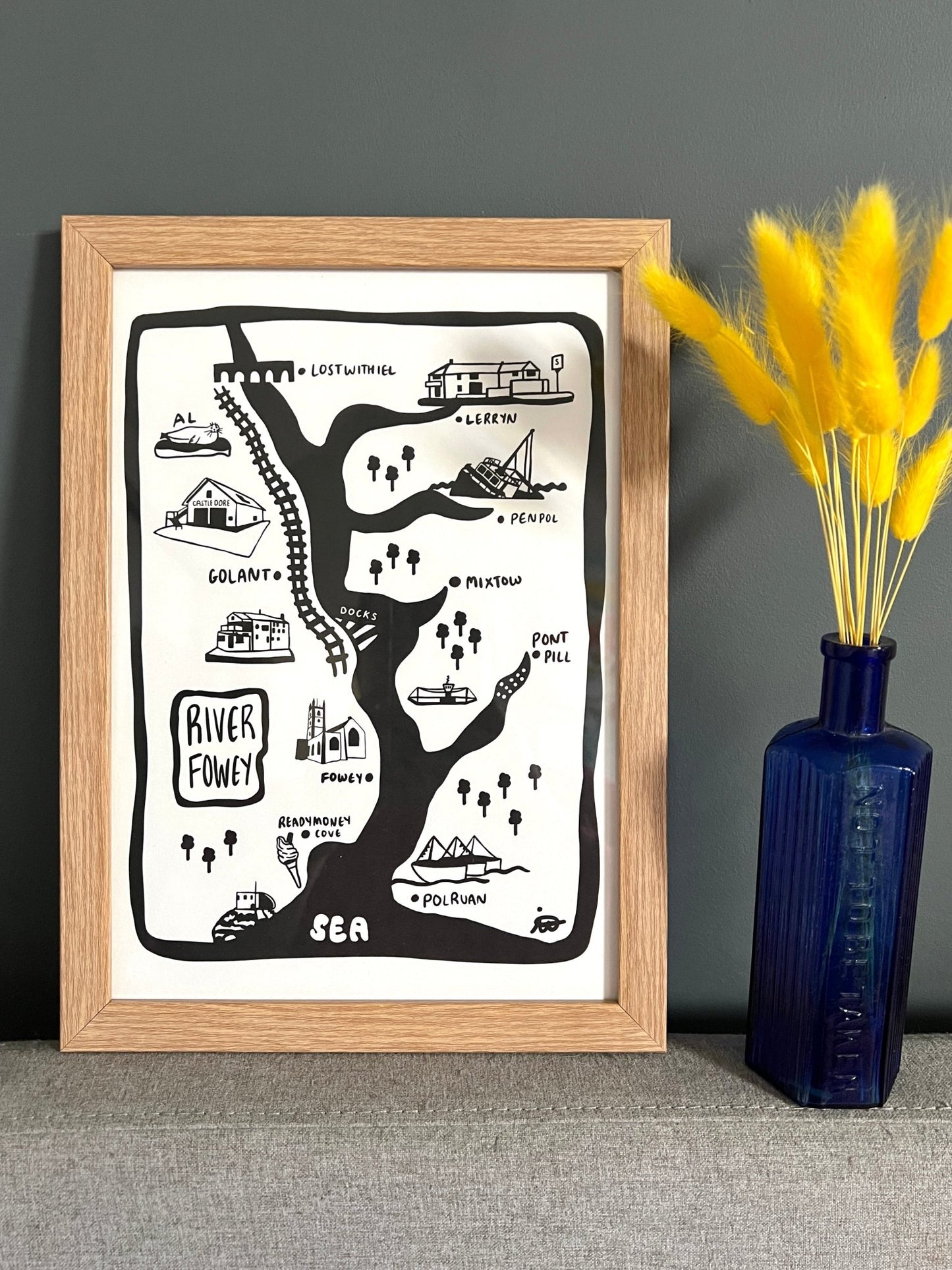 river Fowey illustration a4 print black white Cornwall map Lostwithiel Lerryn Golant Polruan landmarks framed wall art