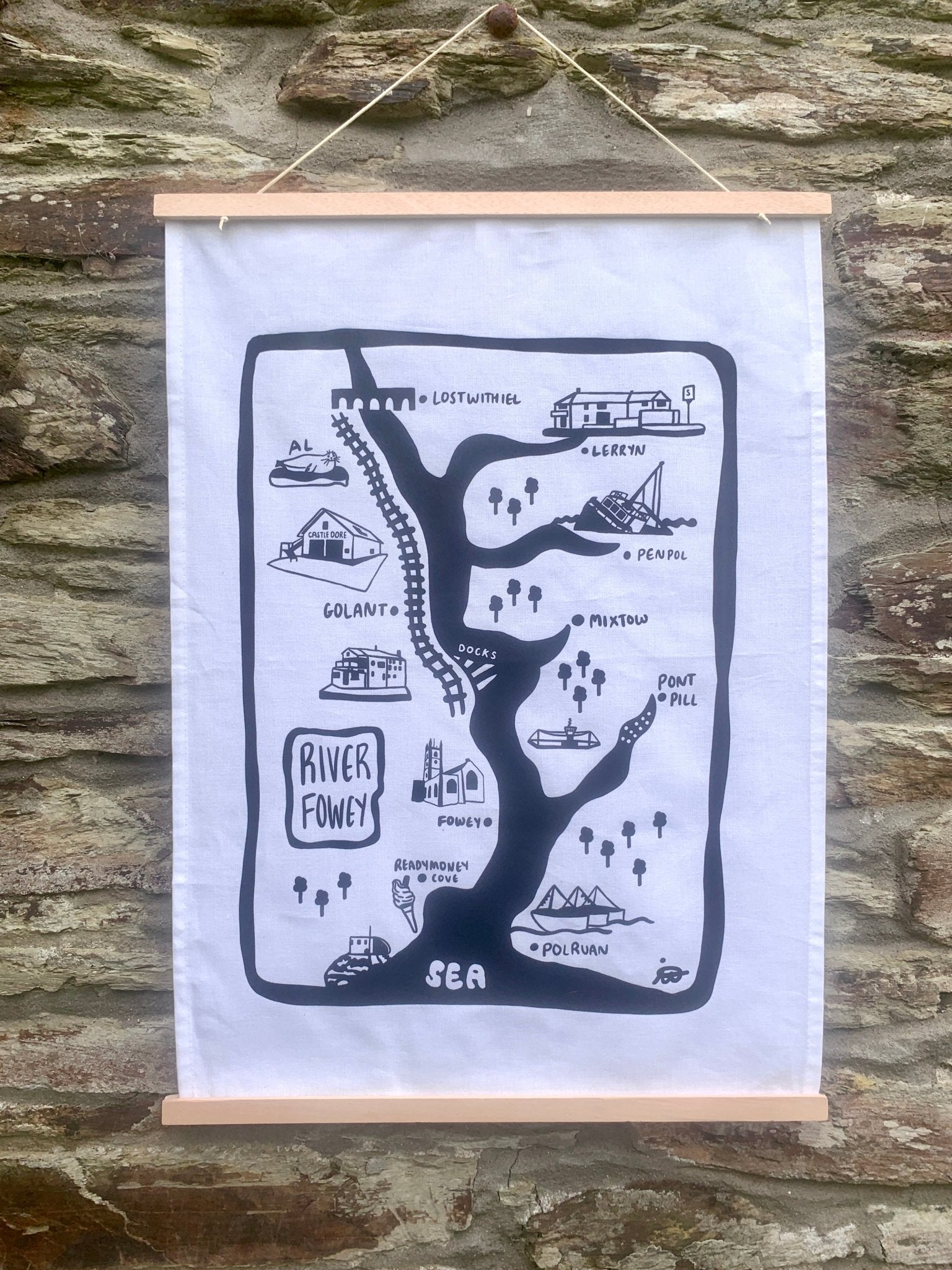 river Fowey map organic cotton tea towel black white Cornwall illustration Polruan Golant Lerryn kitchen textile decor