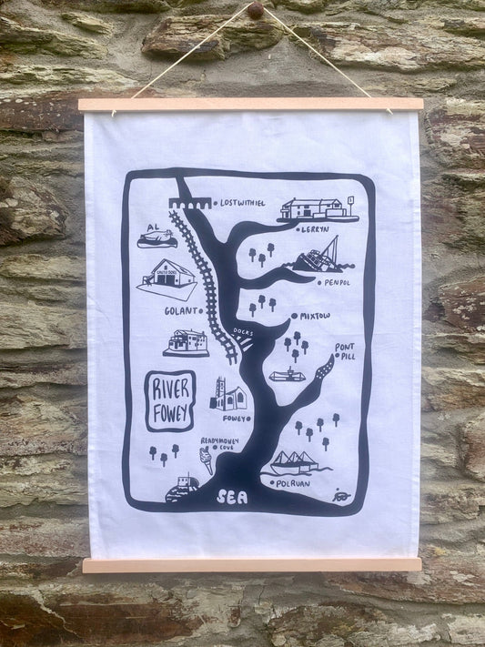river Fowey map organic cotton tea towel black white Cornwall illustration Polruan Golant Lerryn kitchen textile decor