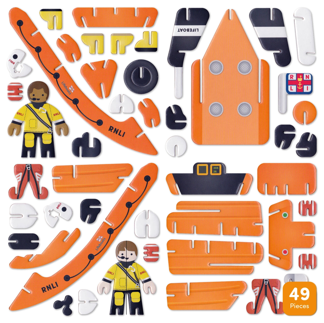 RNLI inshore lifeboat 49 piece playset contents flat lay orange navy rescue boat crew figures building kit assembly toy