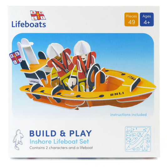 RNLI inshore lifeboat playset 49 piece build play kit 2 characters yellow rescue boat ages 4+ educational toy gift