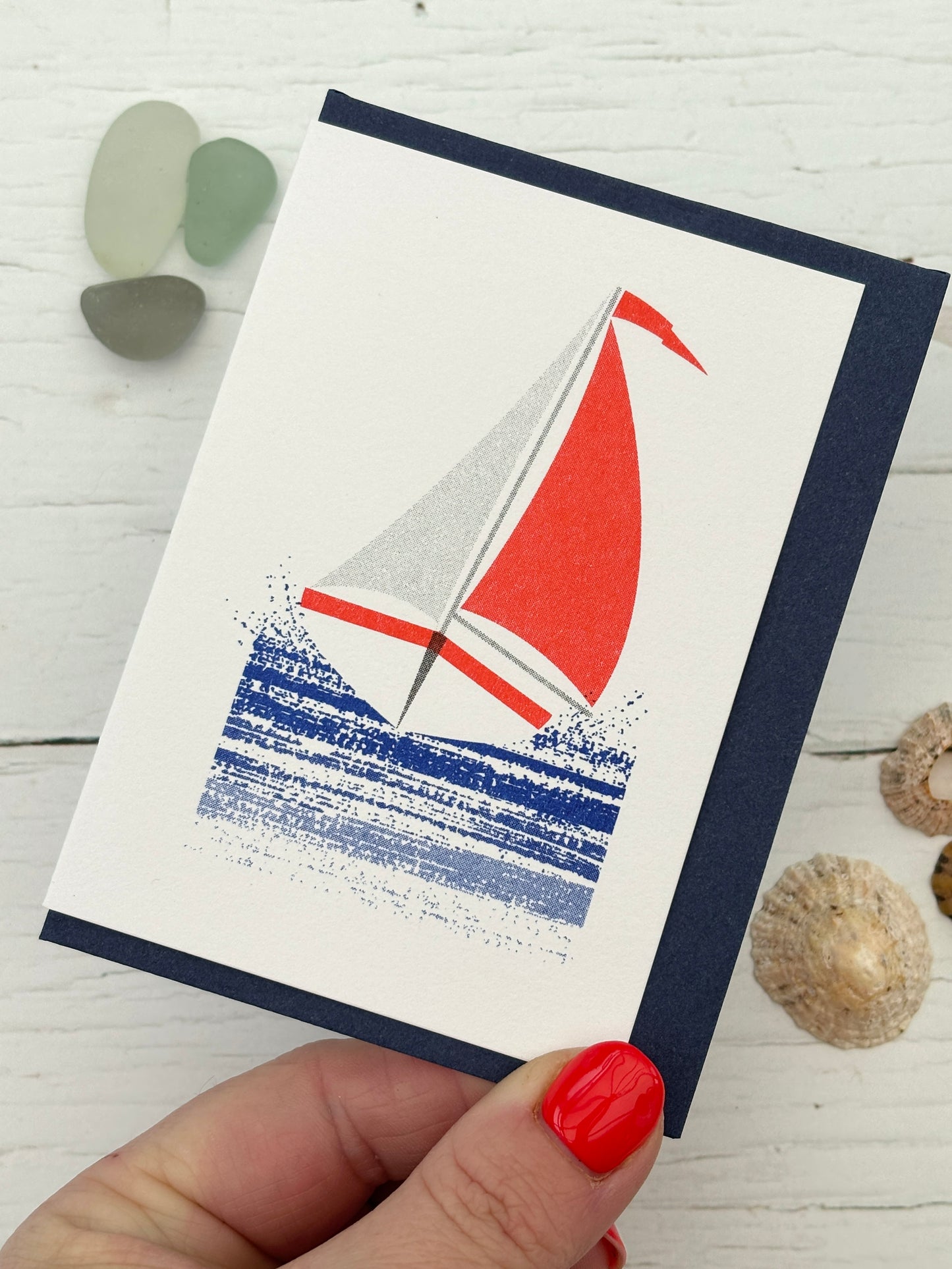 mini coastal greeting card with red sailboat illustration, ocean-themed blank stationery for summer notes