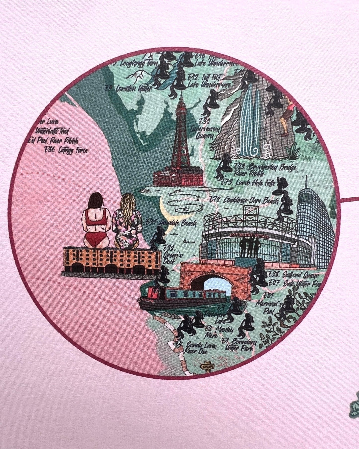 illustrated England swim map poster featuring magical landmarks, mermaids, and 300+ wild swim locations