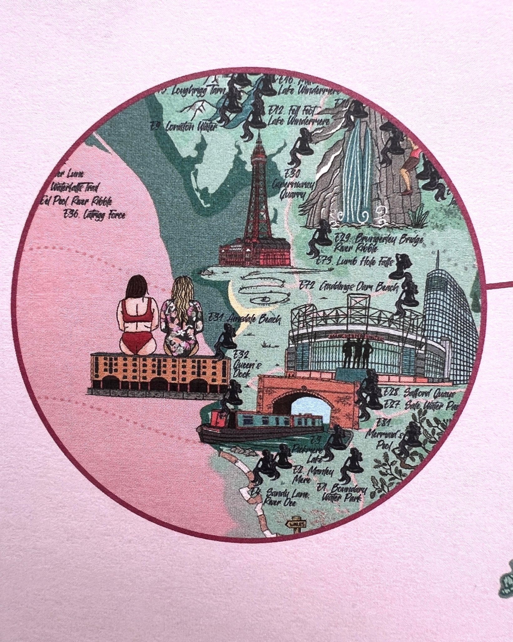 illustrated England swim map poster featuring magical landmarks, mermaids, and 300+ wild swim locations