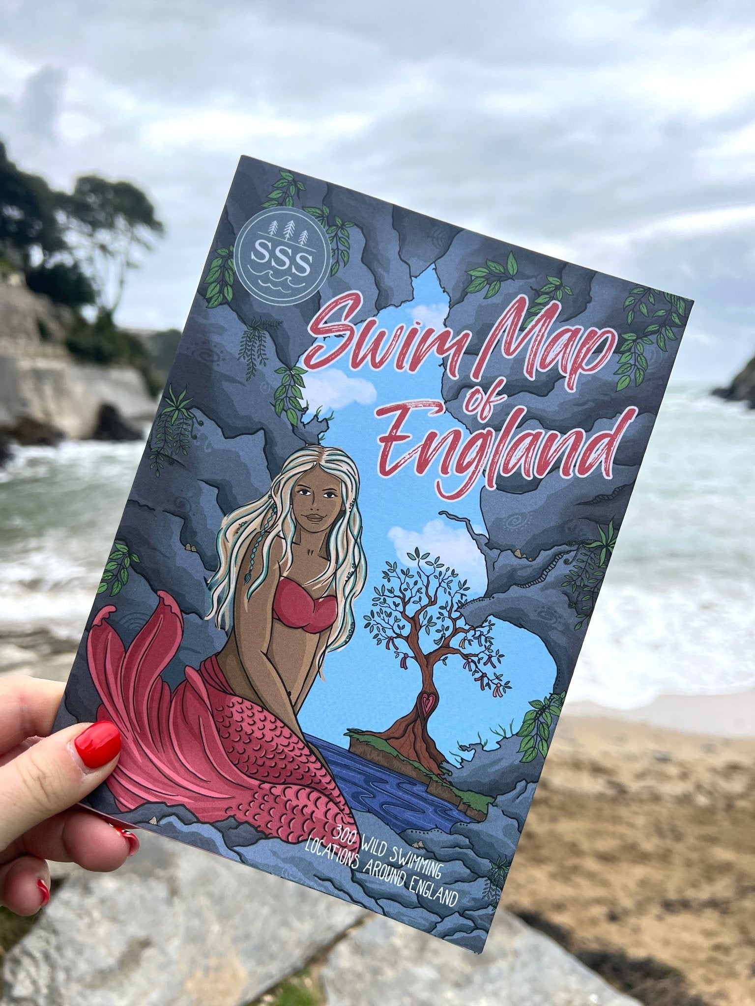 swim map of England poster with mermaid art, 300+ wild swimming spots, coastal adventure wall decor
