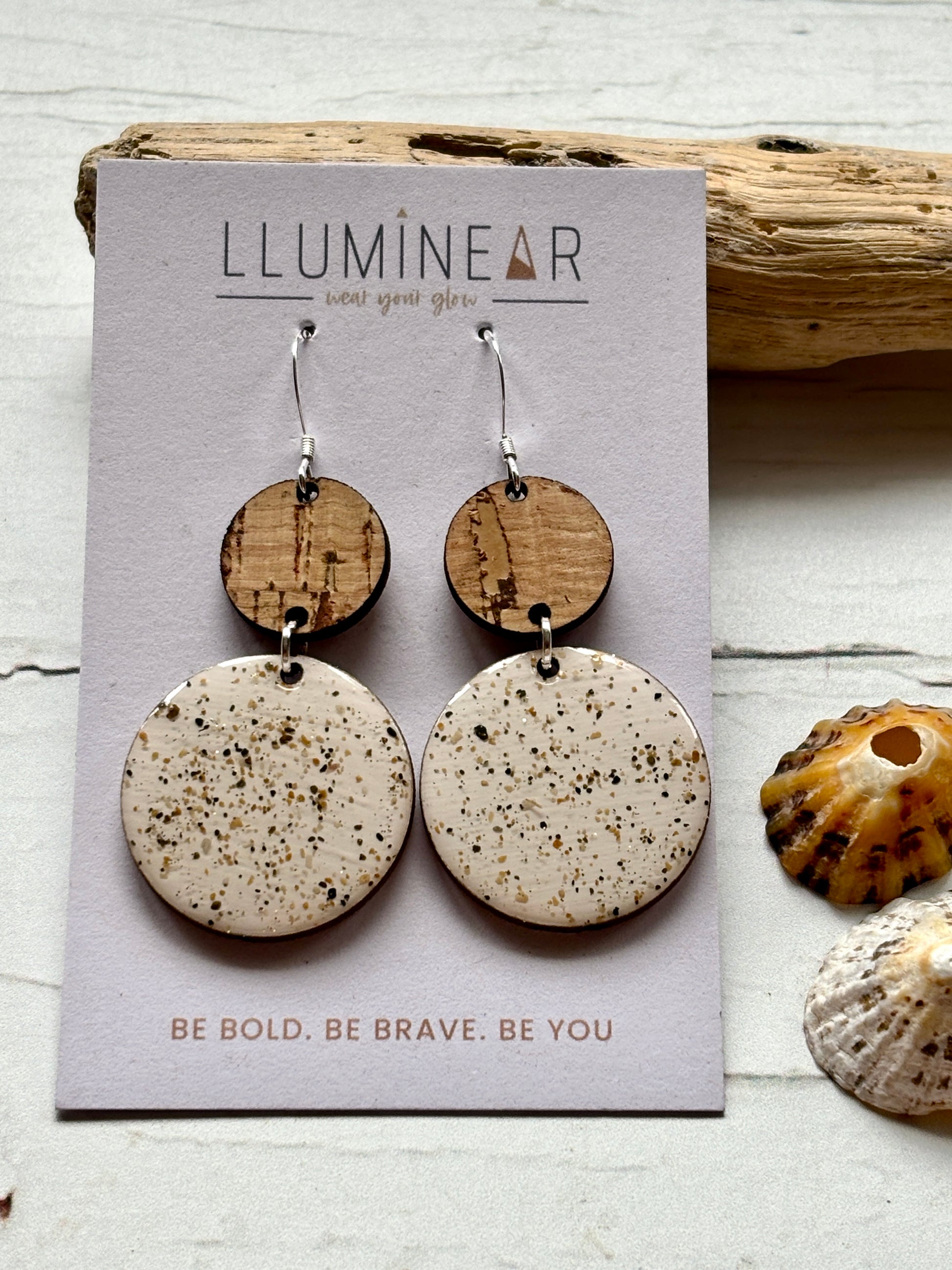 cream speckled dangle earrings with wood top, sterling silver hooks, handmade earthy boho coastal jewelry