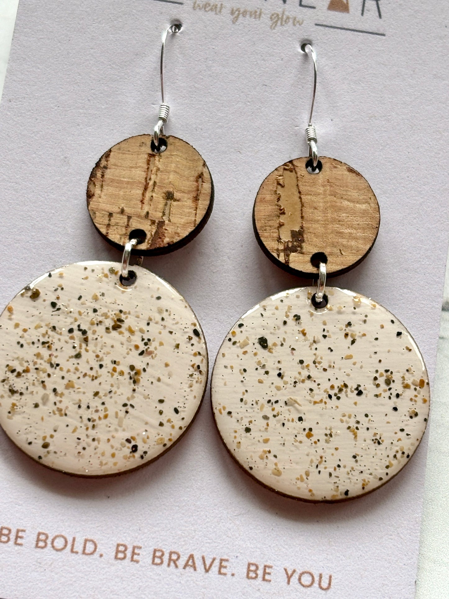 cream speckled statement earrings with wood top, sterling silver hooks, handmade earthy boho coastal jewelry