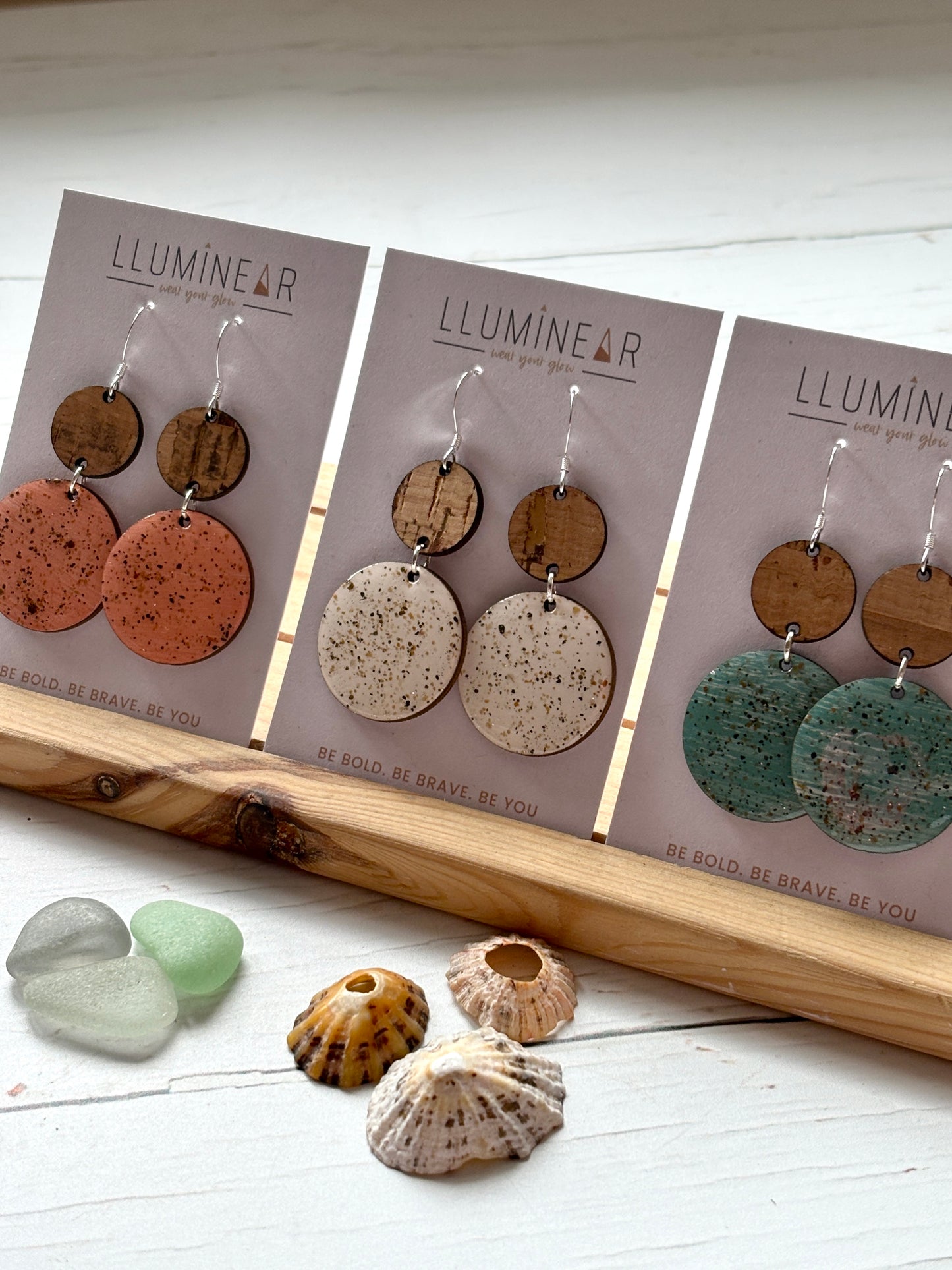 handmade cork dangle earrings sterling silver hooks triple-circle bohemian design in pink, cream, and mint coastal artisan jewelry