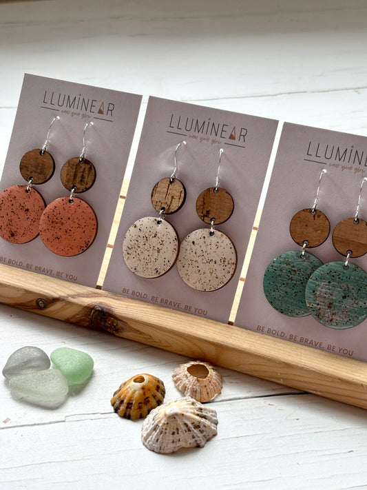 handmade cork dangle earrings sterling silver hooks triple-circle bohemian design in pink, cream, and mint coastal artisan jewelry