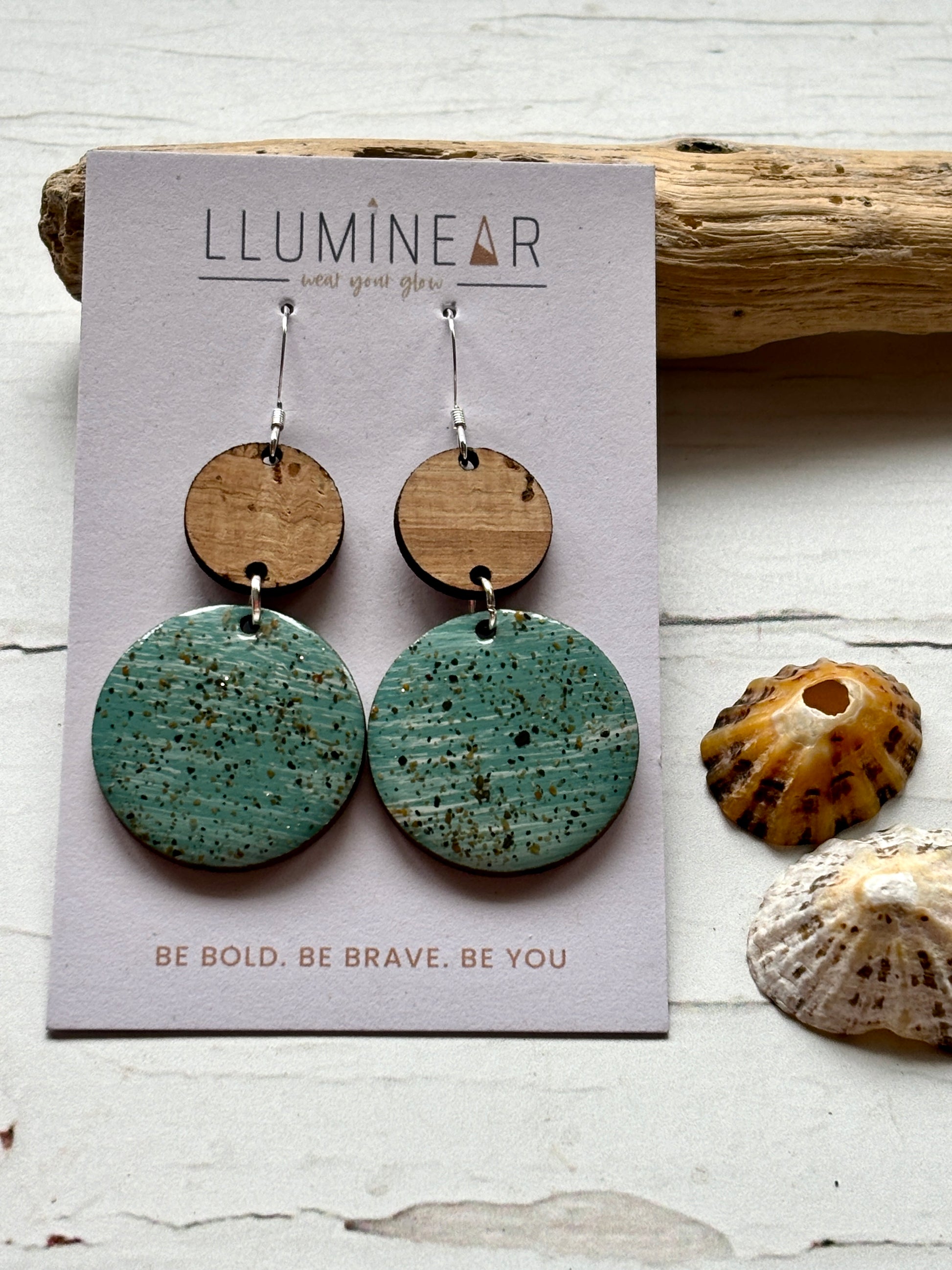 mint speckled dangle earrings with wood top, sterling silver hooks, handmade coastal boho jewelry