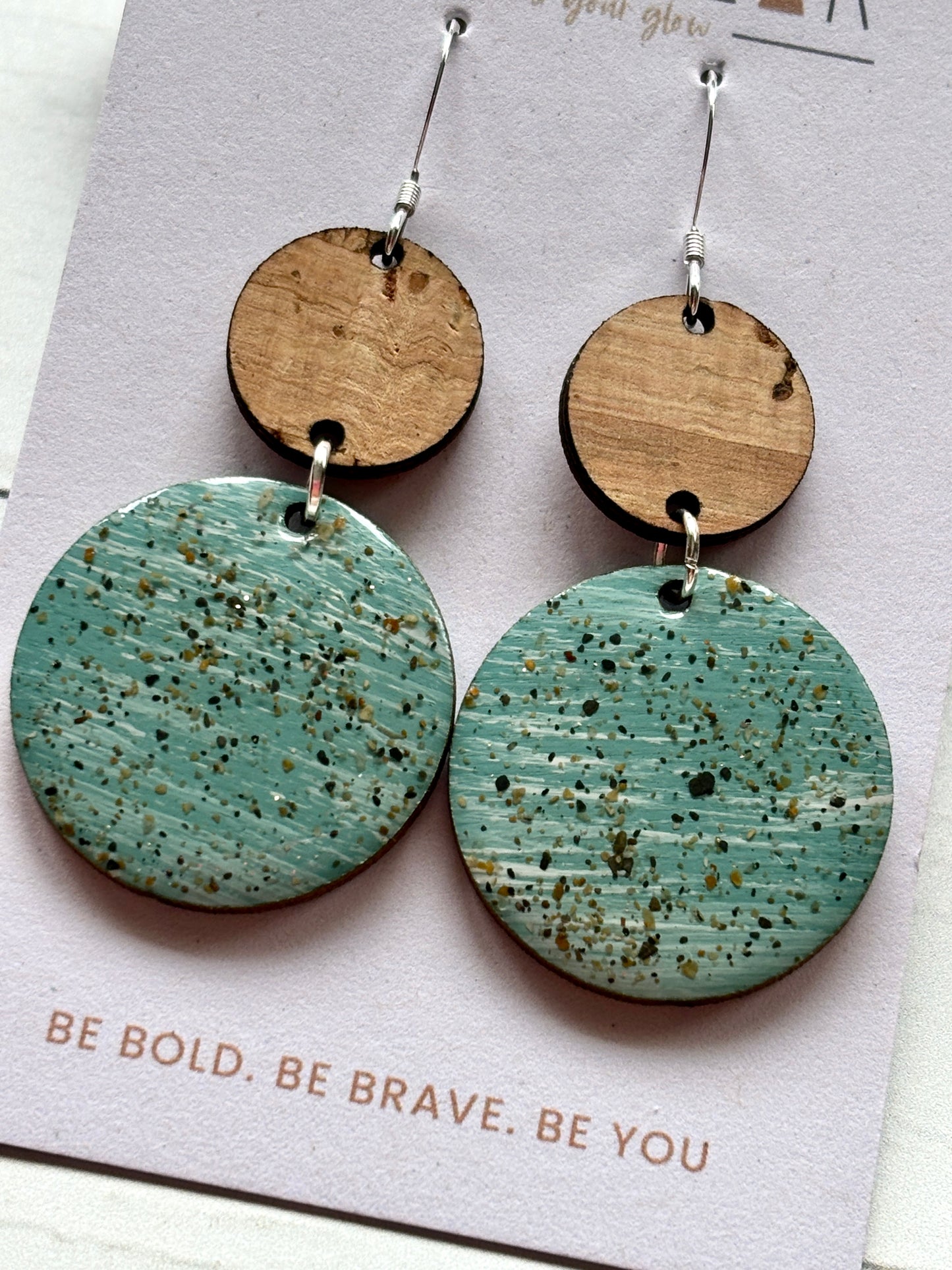 speckled mint blue dangle earrings with wood top, sterling silver hooks, handmade coastal boho statement jewelry