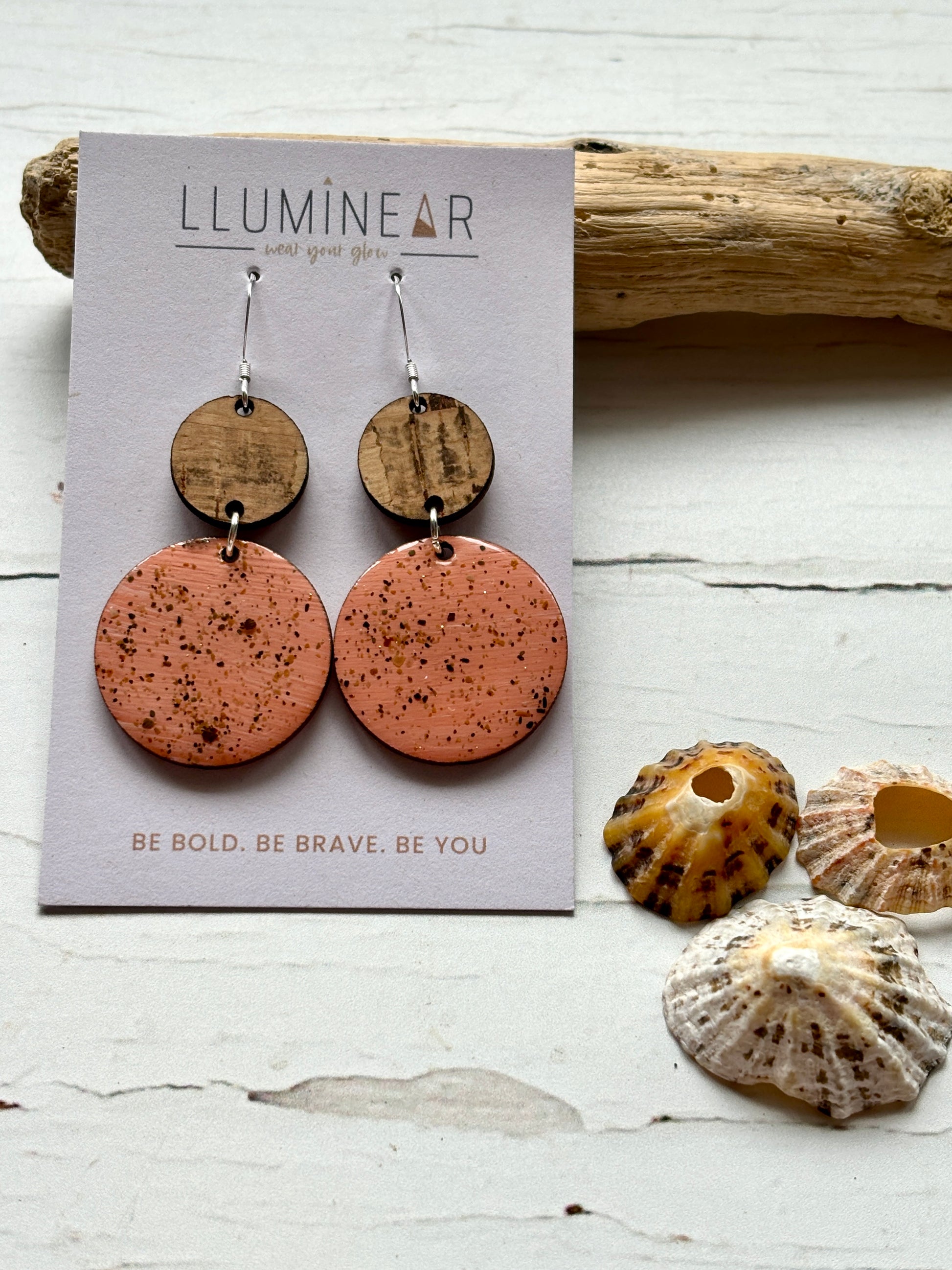 speckled pink dangle earrings with wood accent, sterling silver hooks, handmade coastal boho jewelry