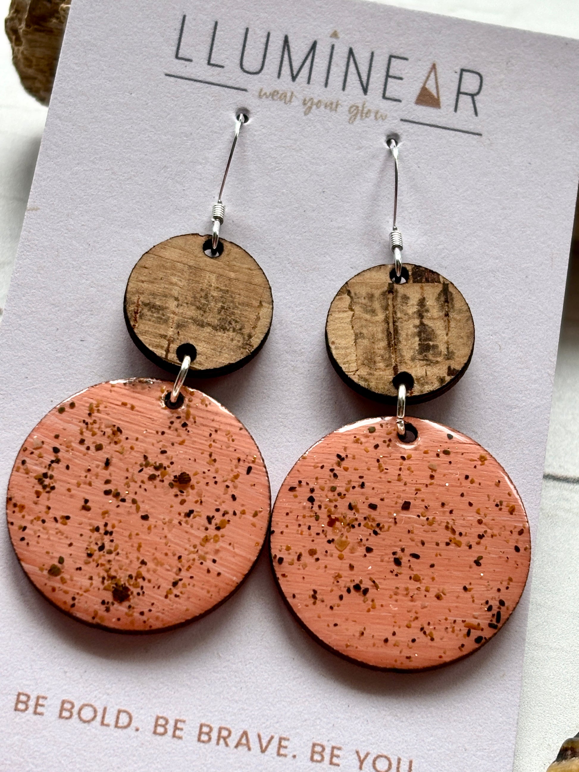 handmade pink speckled earrings with wood top, sterling silver hooks, coastal boho style, lightweight and bold