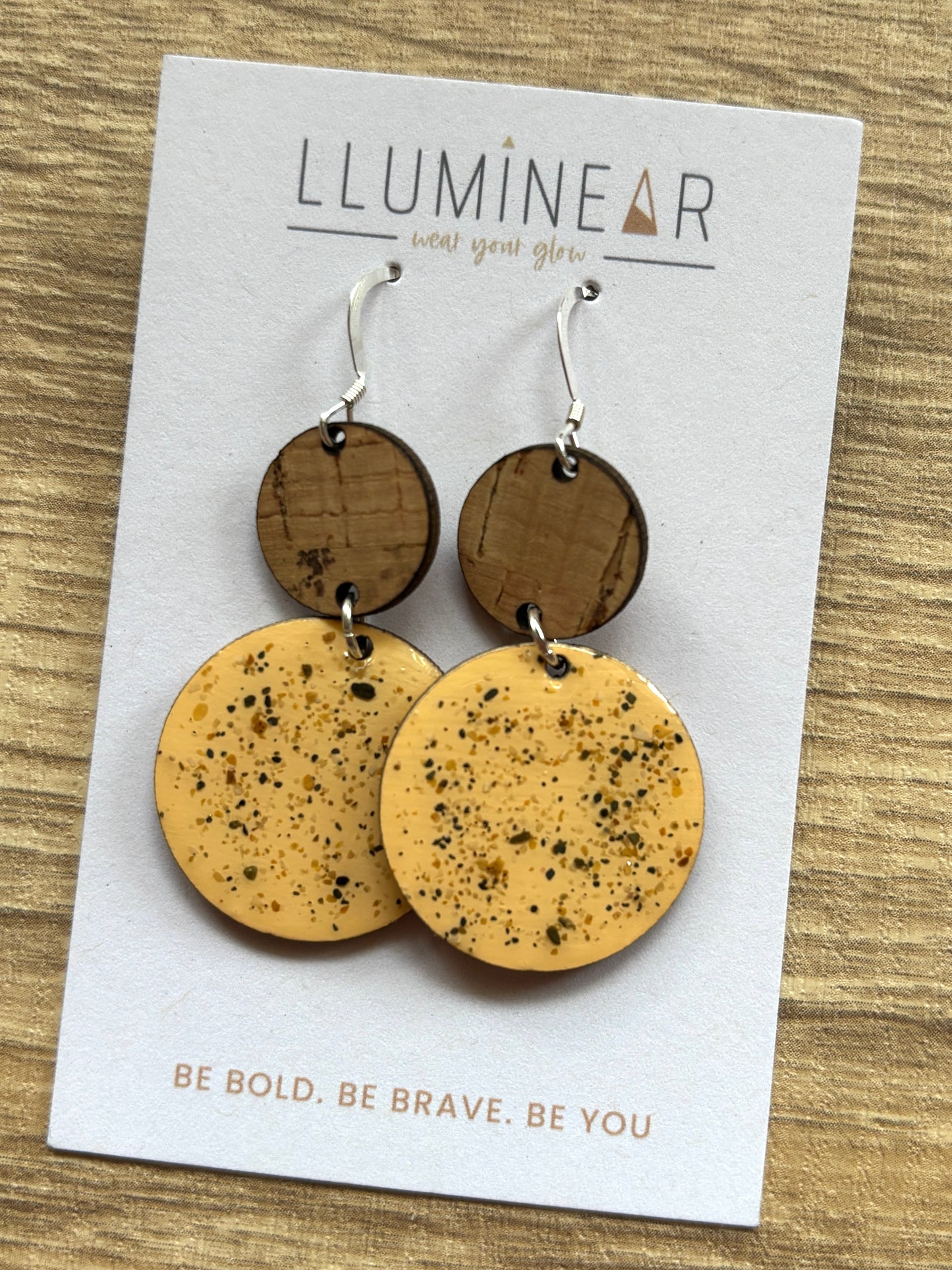 soft apricot speckled drop earrings with cork top, sterling silver hooks, handmade boho coastal statement jewelry