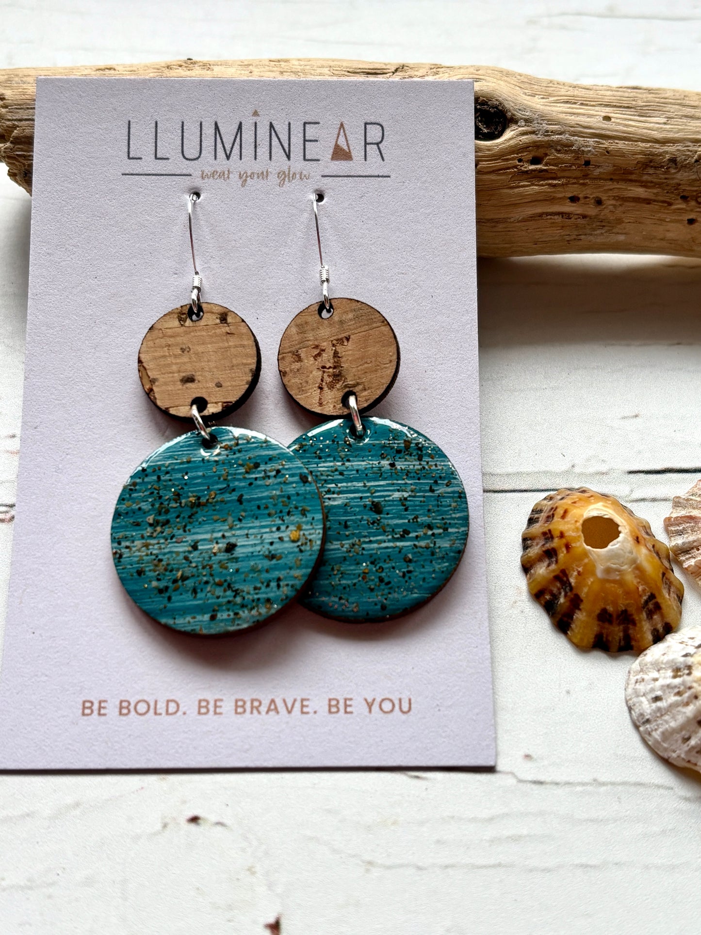 teal speckled drop earrings with cork top, sterling silver hooks, handmade boho coastal jewelry for bold style
