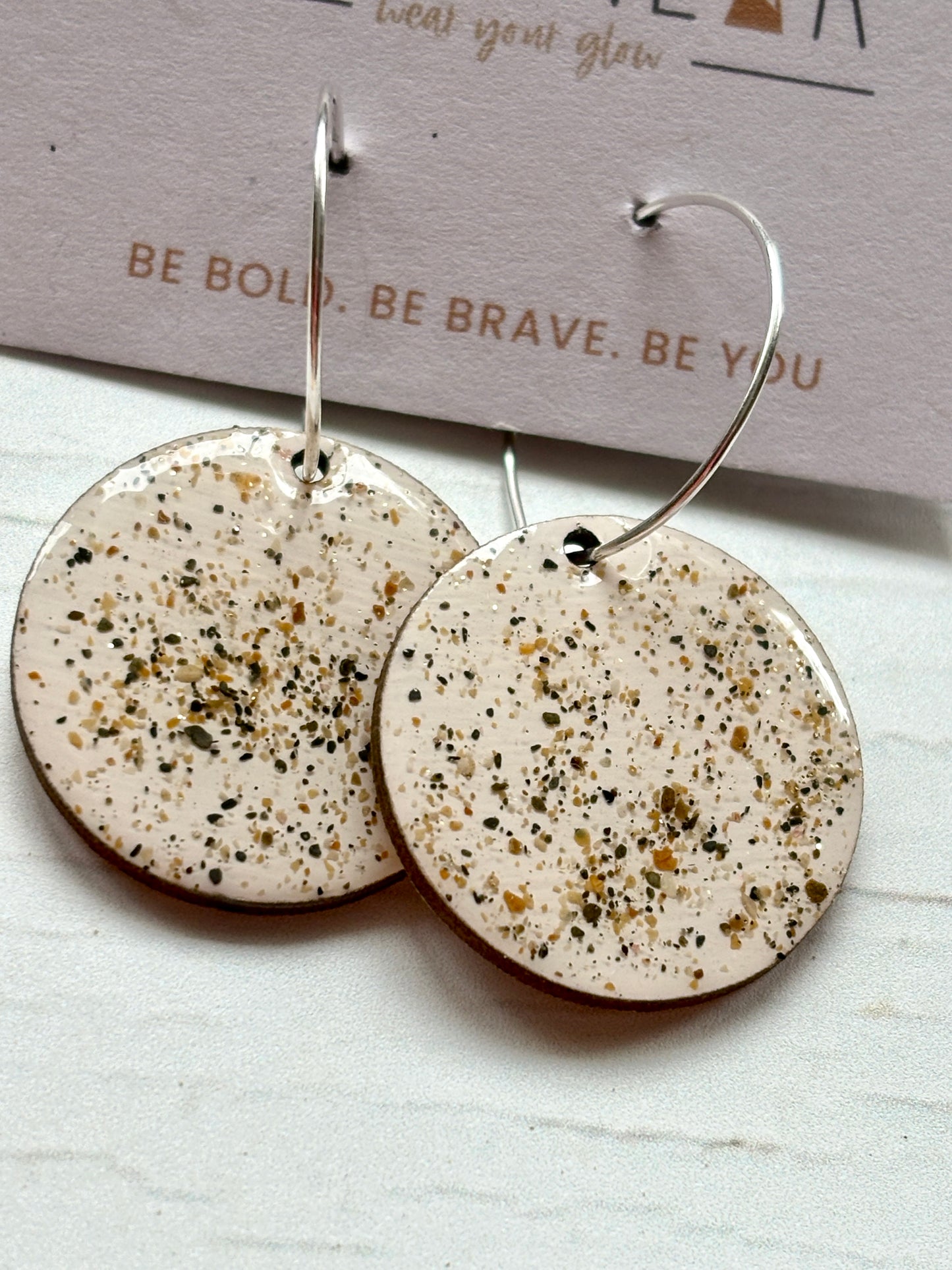cream sterling silver hoop earrings with sand-speckle resin handmade coastal jewelry modern, boho-chic accessory