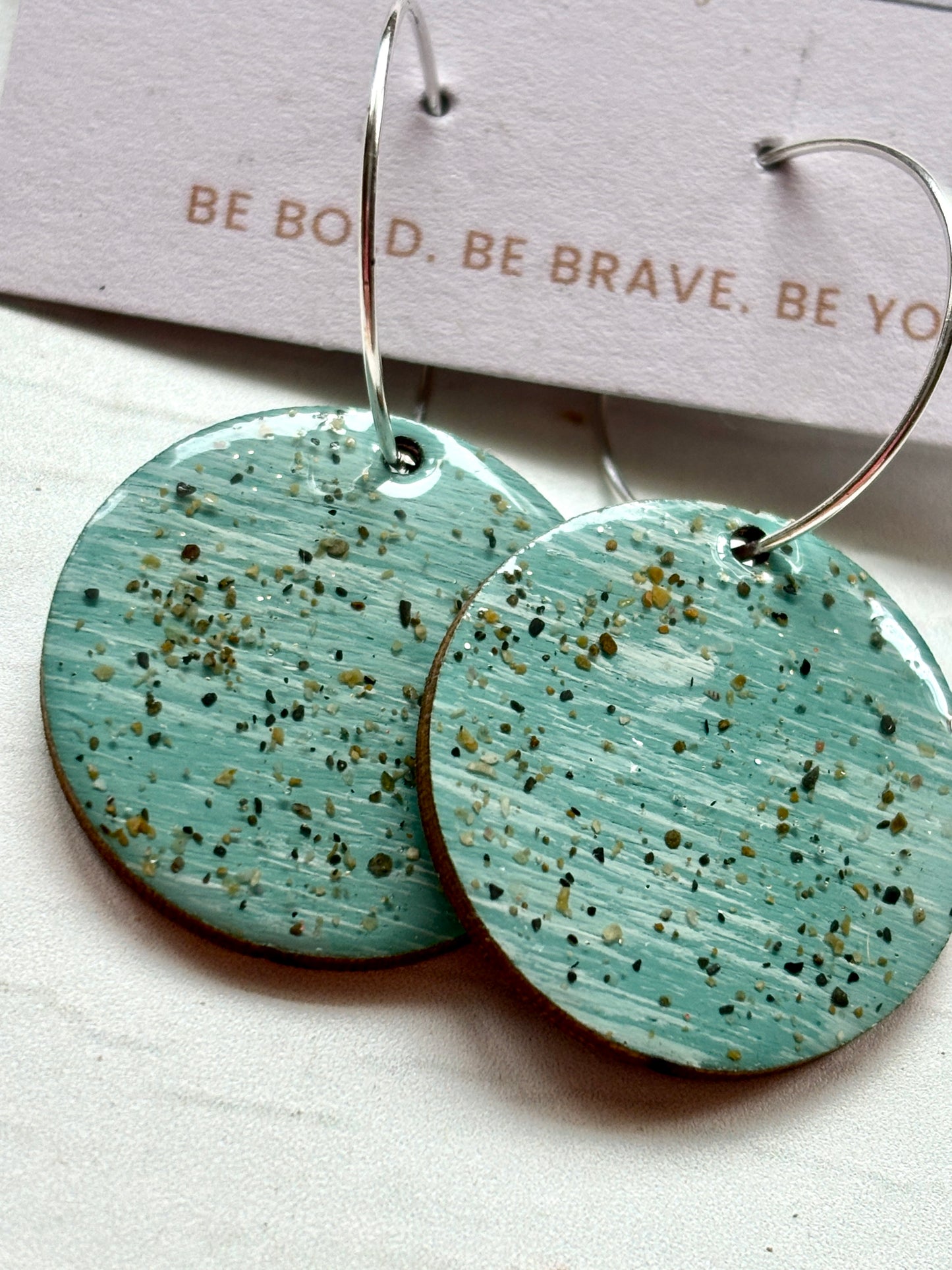 mint sterling silver hoop earrings handmade resin with a sand texture coastal jewelry for a modern, eco-friendly accessory