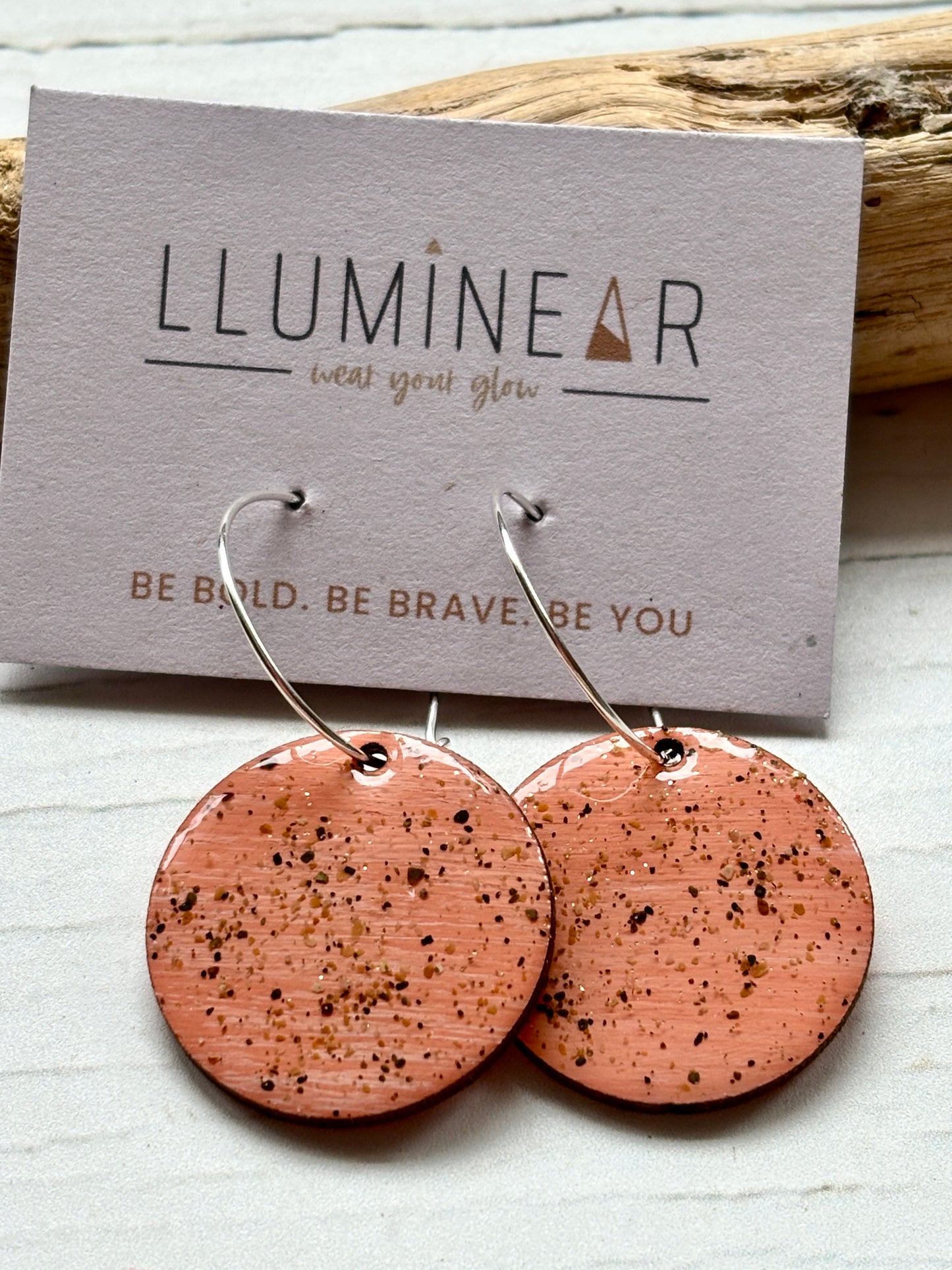 pink sterling silver hoop earrings coastal-inspired and handmade with glittering sand-speckle resin unique statement jewelry