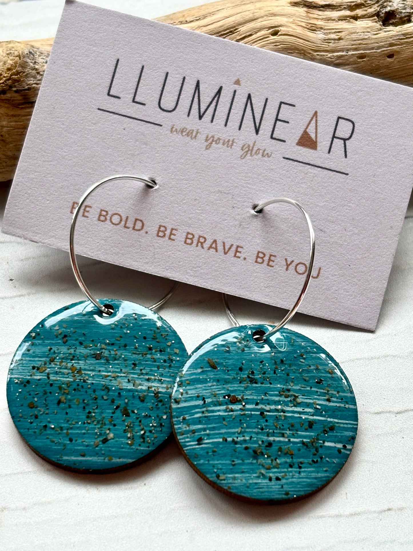 teal sterling silver hoop earrings handmade resin with sand texture coastal, boho-chic jewelry unique, modern accessory