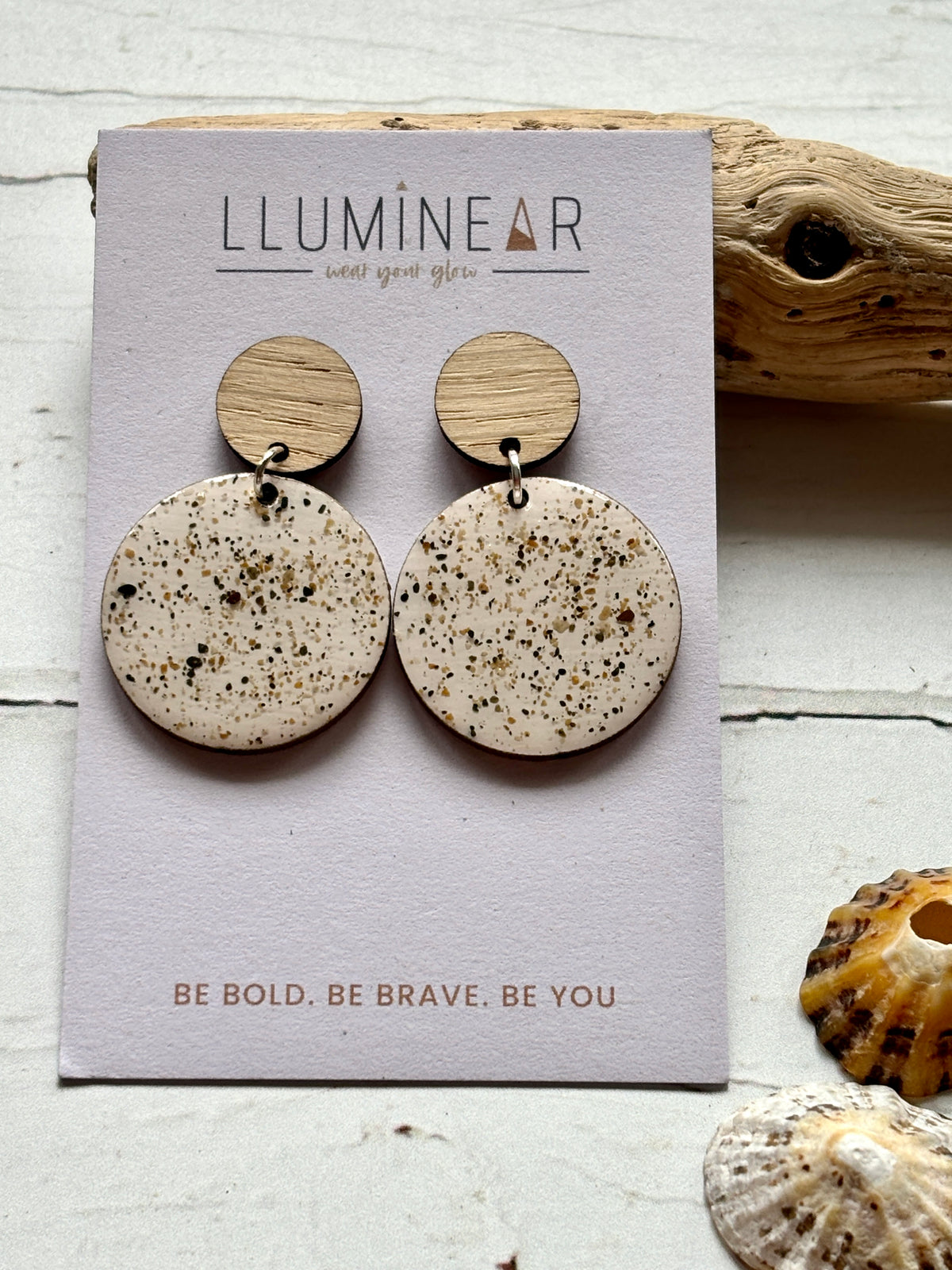 cream sterling silver stud earrings with wood top coastal, handmade resin with sand texture modern dangle jewelry