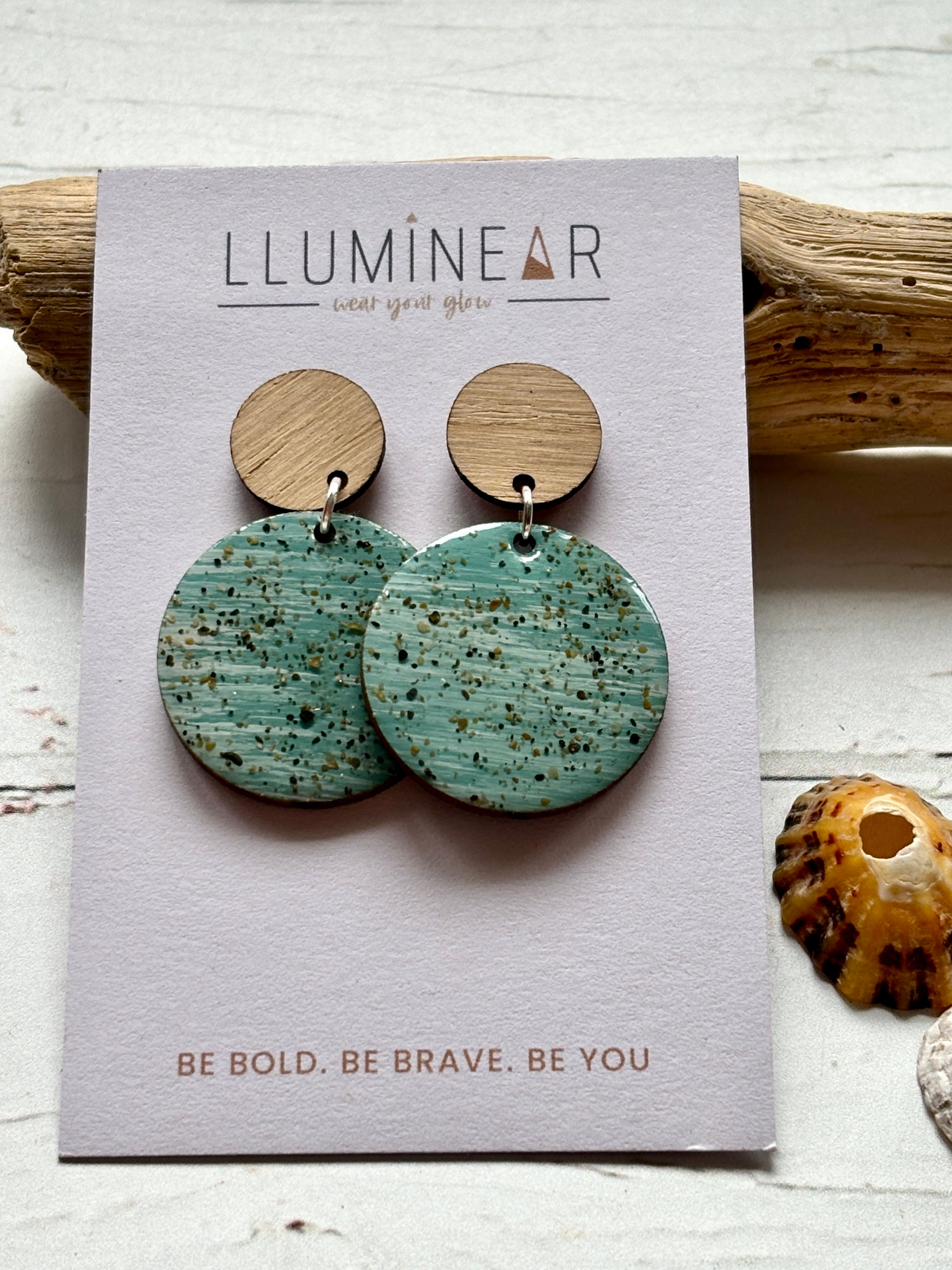 mint sterling silver stud earrings wood top and sand-speckled resin coastal-inspired, handmade dangle jewelry modern boho style