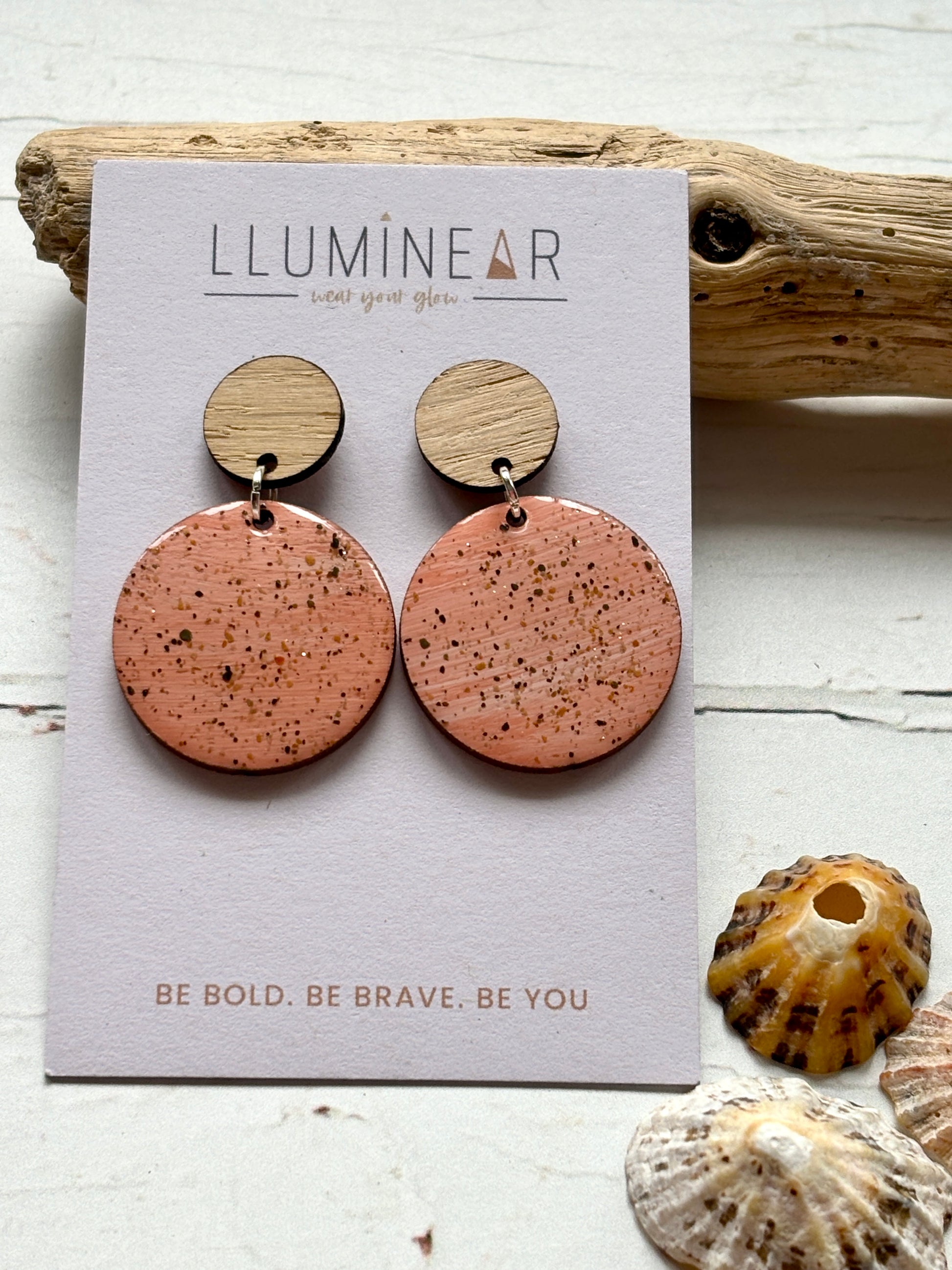 pink sterling silver stud earrings with wood top coastal, handmade resin with sand texture modern dangle jewelry