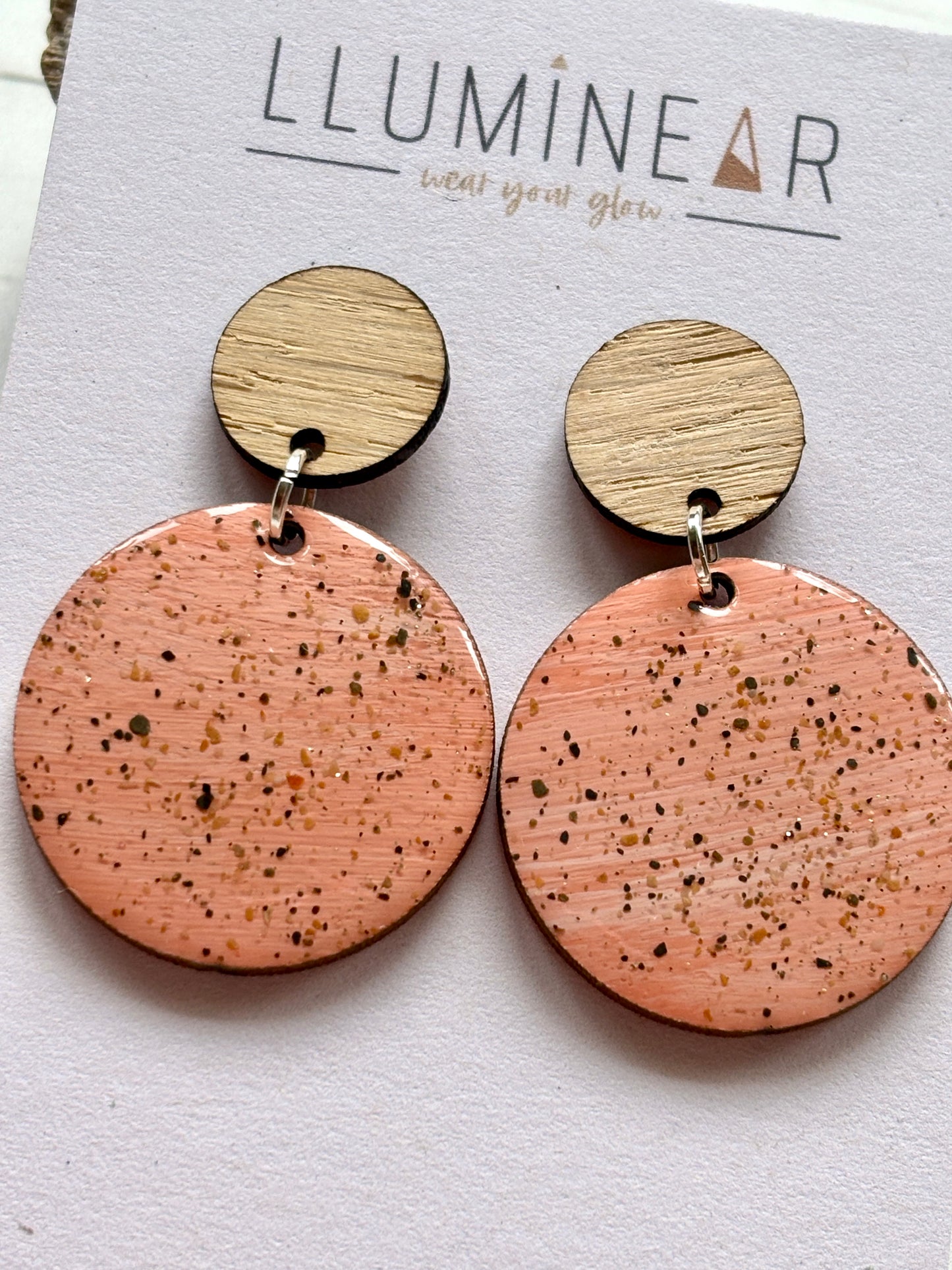 pink stud earrings with wood top handmade, sand-speckled resin dangle jewelry sterling silver, boho-chic accessory
