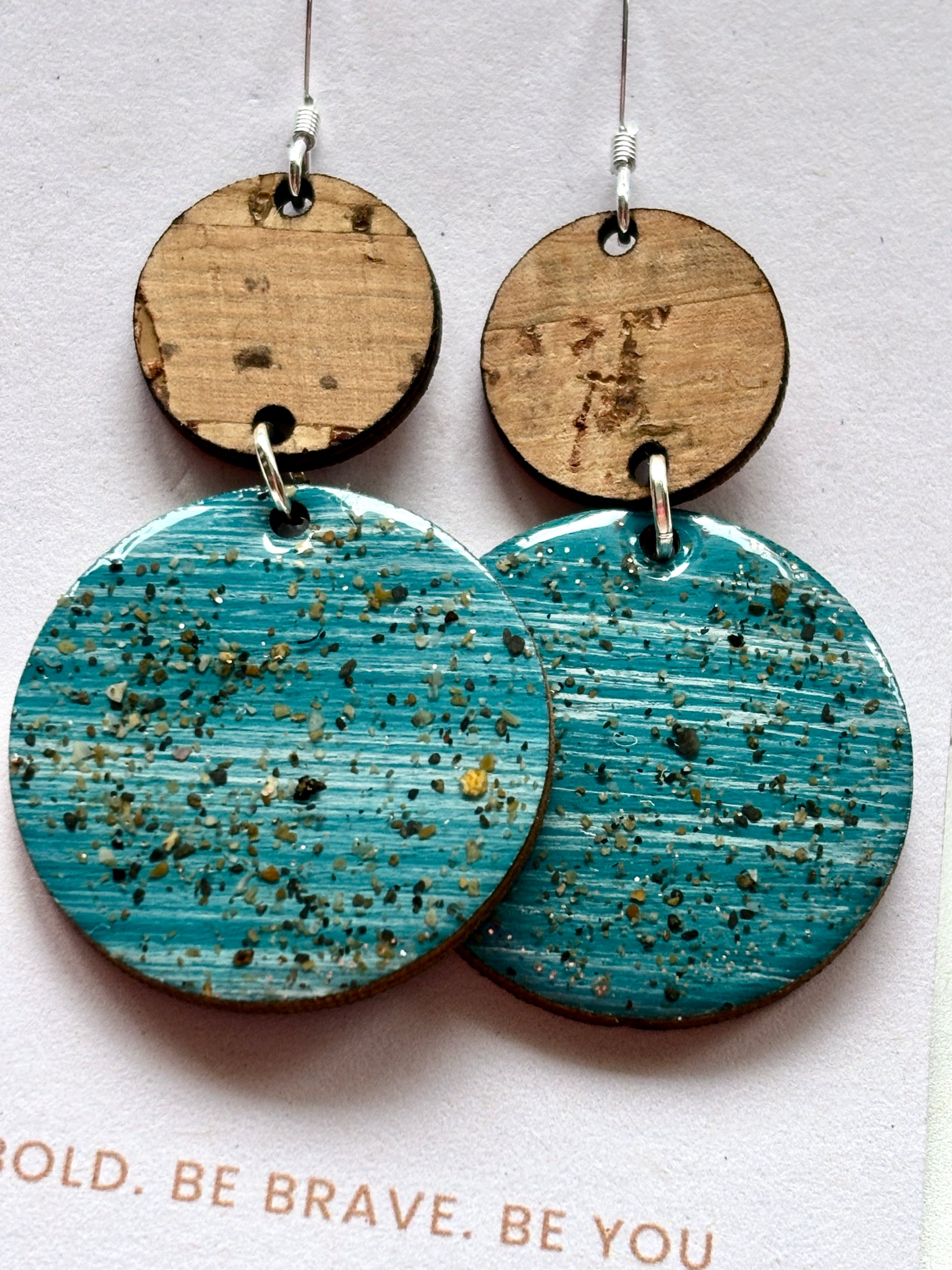 teal sand-speckle stud earrings with wood top sterling silver hooks handmade, coastal-inspired dangle jewelry modern boho style