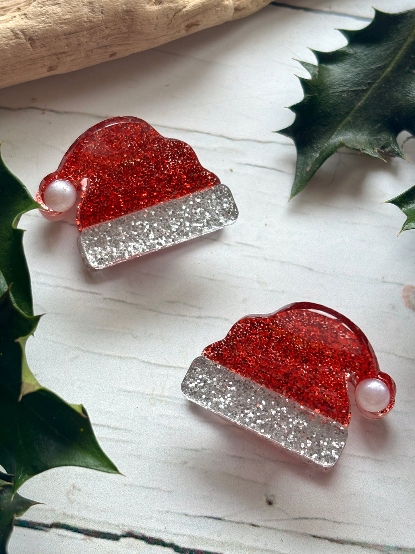 glitter Santa hat hair clips festive red and silver sparkle acrylic mini claw clips holiday hair accessories for a stocking stuffer