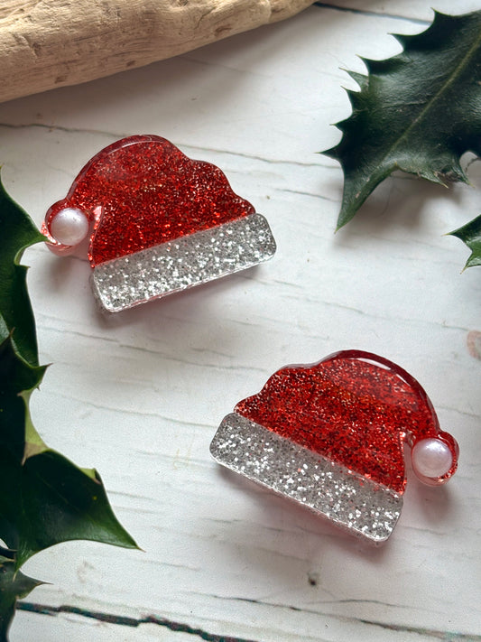 glitter Santa hat hair clips festive red and silver sparkle acrylic mini claw clips holiday hair accessories for a stocking stuffer