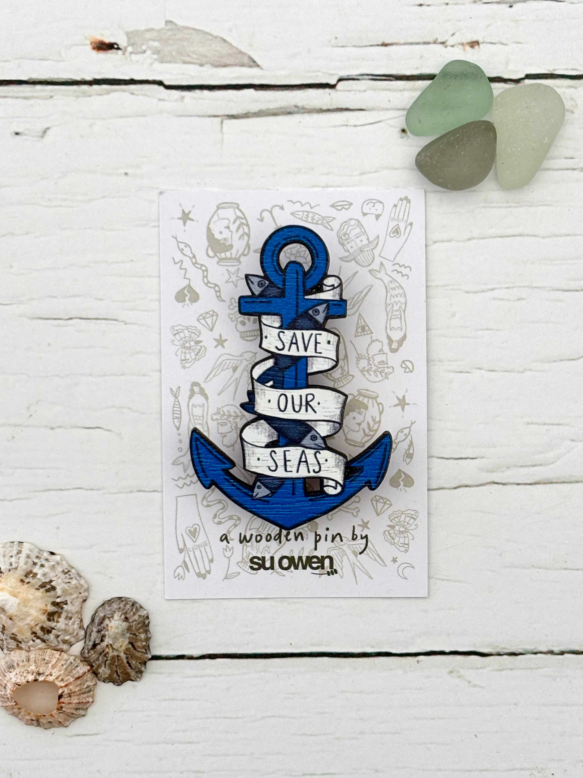 blue anchor wooden pin badge with “Save Our Seas” ribbon, eco-friendly ocean conservation accessory gift