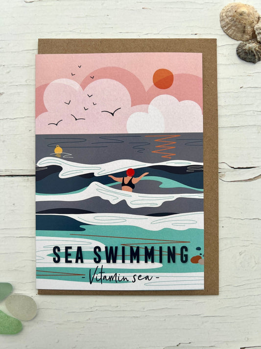 sea swimming greeting card with sunset waves, swimmer, and “Vitamin Sea” quote—coastal-themed stationery for ocean lovers