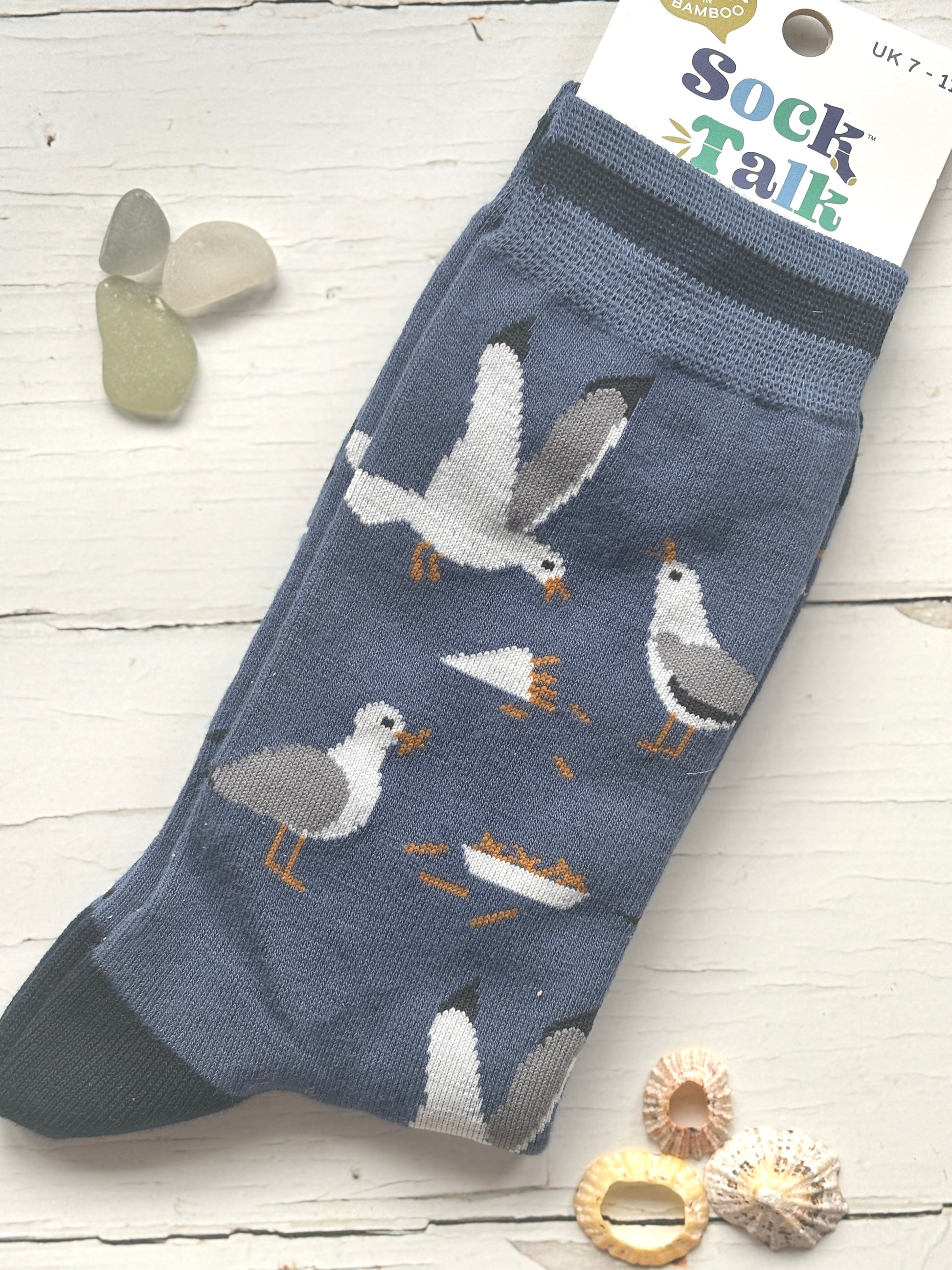 seagull bamboo socks—fun coastal design with fries and birds on soft navy fabric, ideal for eco-friendly gifting and seaside style