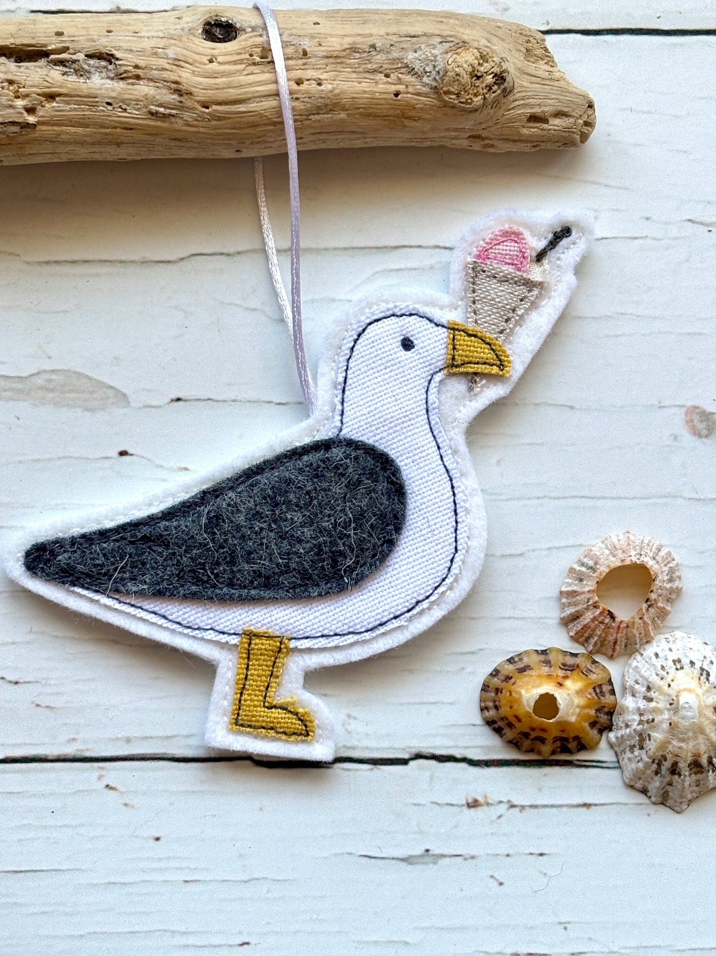 handmade felt seagull hanging decor with ice cream cone—quirky coastal ornament for summer or seaside styling