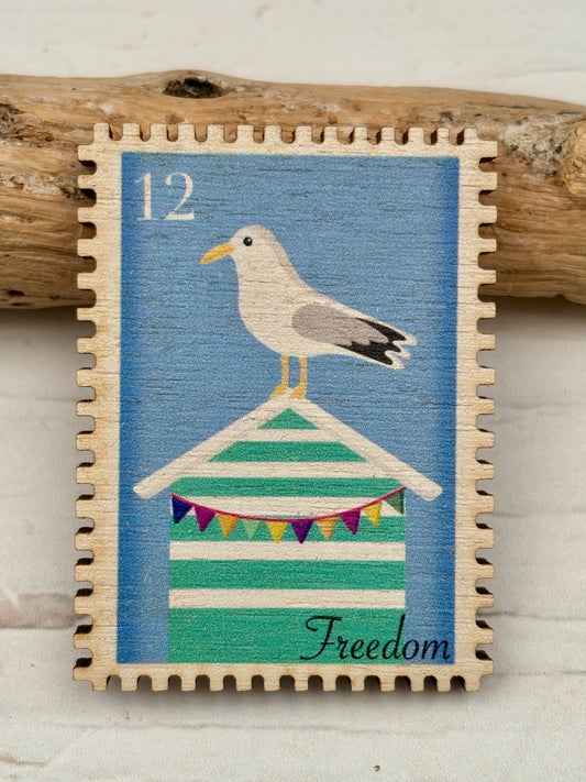 Freedom Seagull on a Beach Hut Wooden Stamp Pin