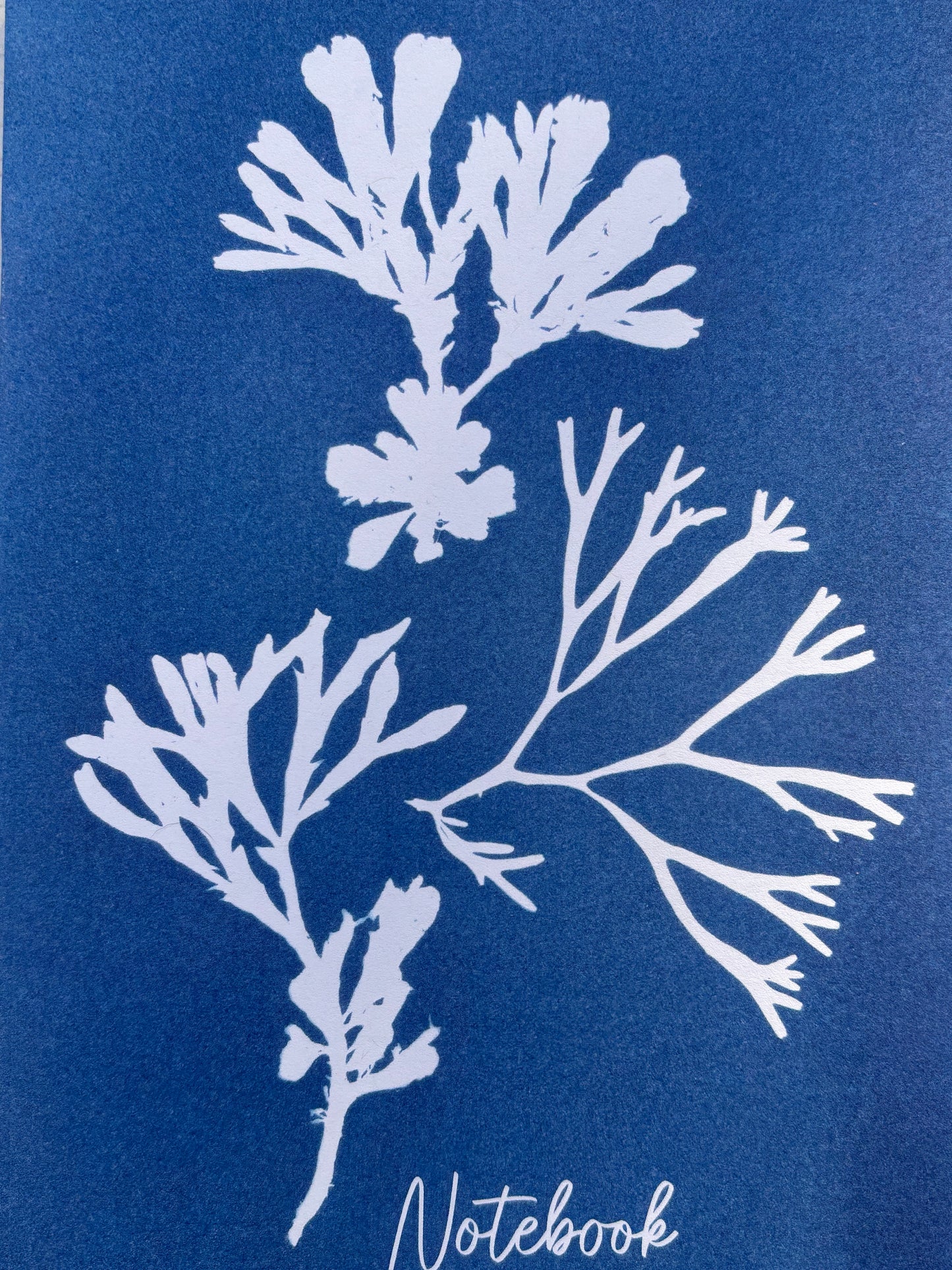 A5 blank notebook with seaweed cyanotype print blue and white botanical art cover eco-friendly journal for nature lovers
