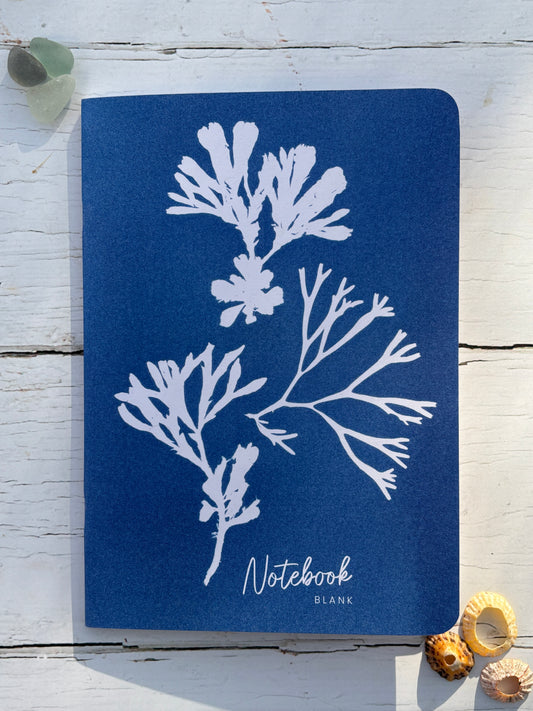 A5 blank notebook with seaweed print—botanical coastal design in deep blue, eco-friendly and UK-made stationery