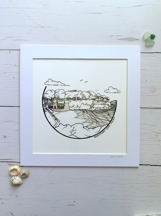 Seconds Quality: Line Drawing Mounted Art Print of Readymoney Cove - Readymoney Beach Shop