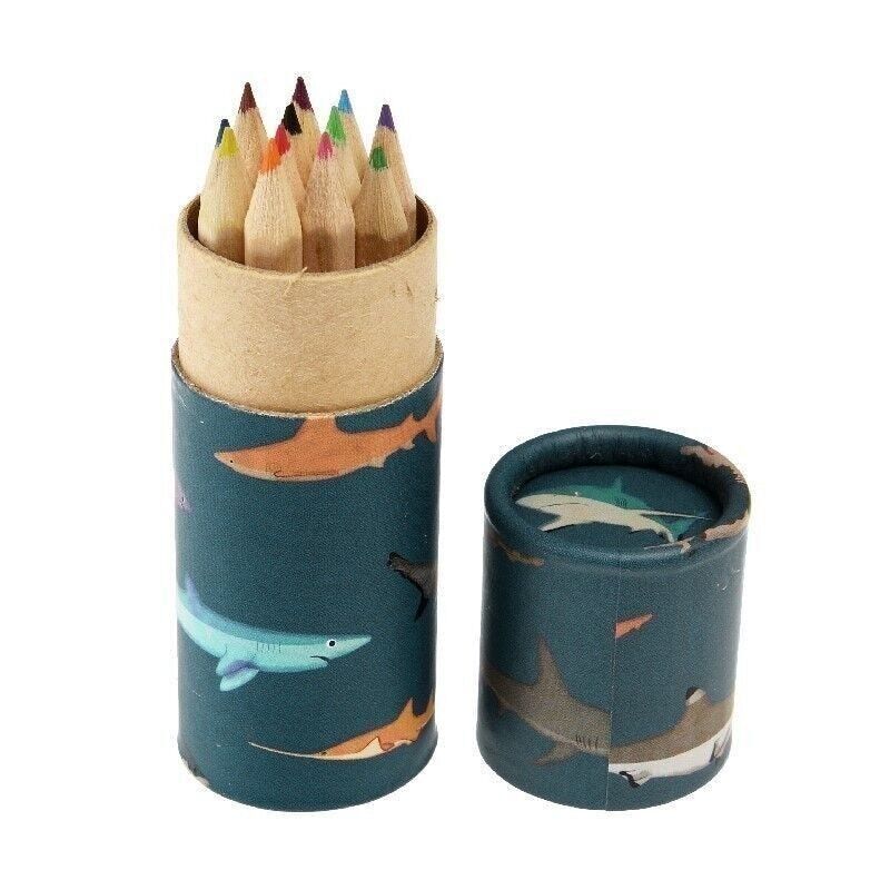 mini shark-themed colouring pencil set—12 vibrant colours in illustrated tube, fun eco art gift for kids