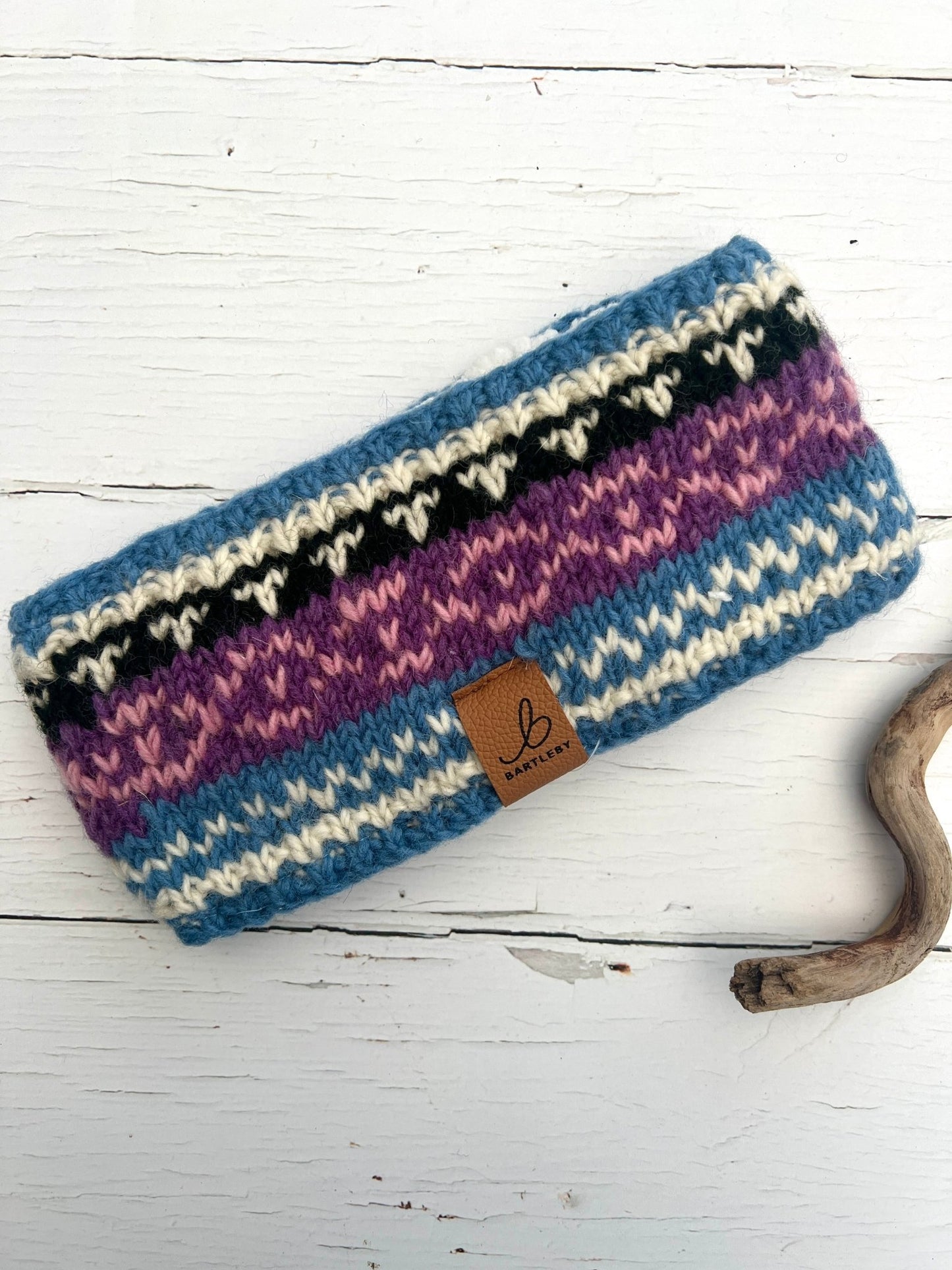 sherpa-lined wool headband in blue, pink, and purple stripes—handmade winter accessory for cozy, eco-conscious style