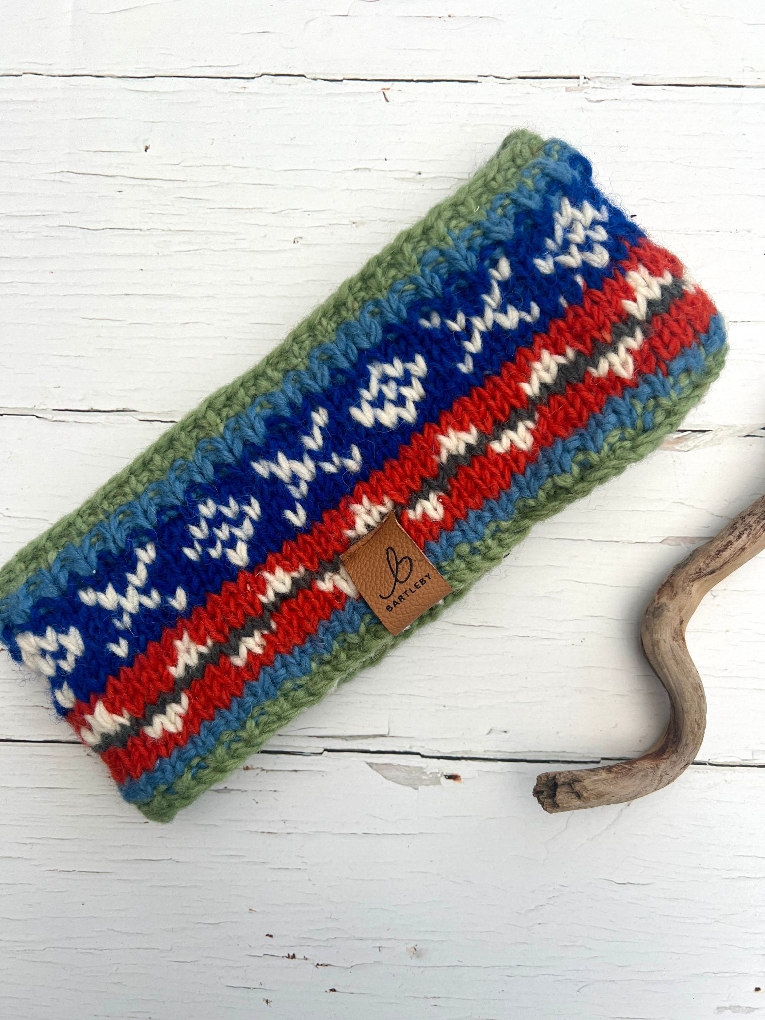 colorful wool headband with sherpa fleece—green, blue, and orange stripes for cozy, handmade winter style