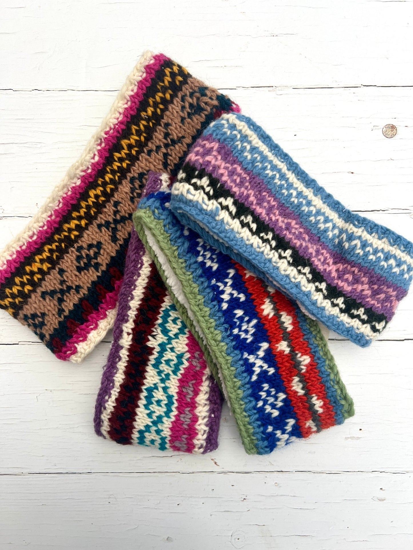 hand-knitted wool headband with sherpa lining—striped winter accessory in vibrant patterns, warm and eco-friendly